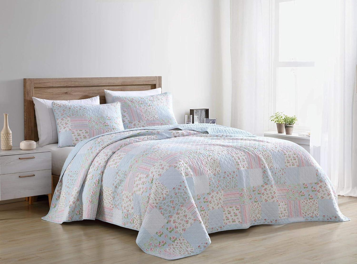 Chezmoi Collection Holly 3-Piece Stone-washed Cotton Quilt Set King Size - Printed Floral Patchwork Soft Breathable Lightweight Bedspread Set