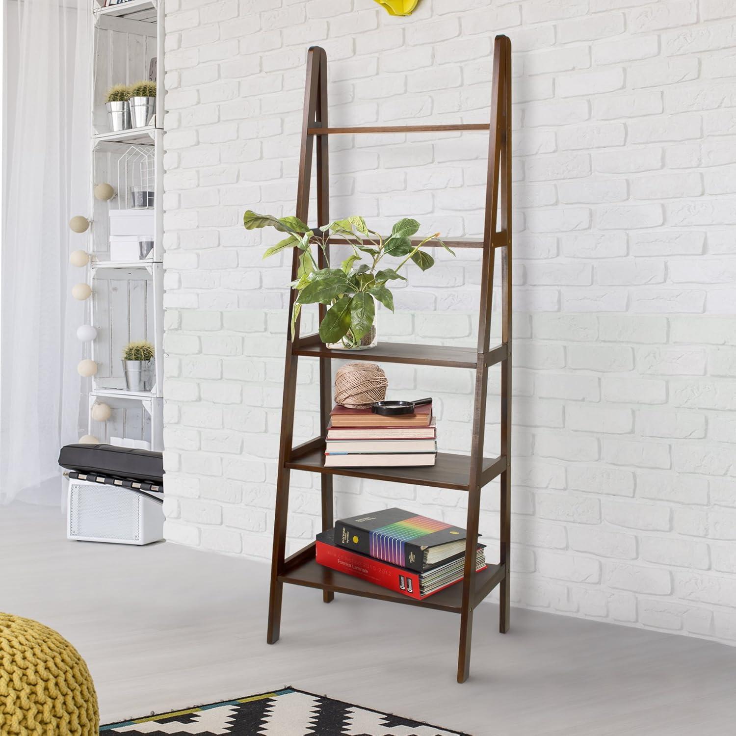 Warm Brown 5-Shelf Wooden Ladder Bookcase