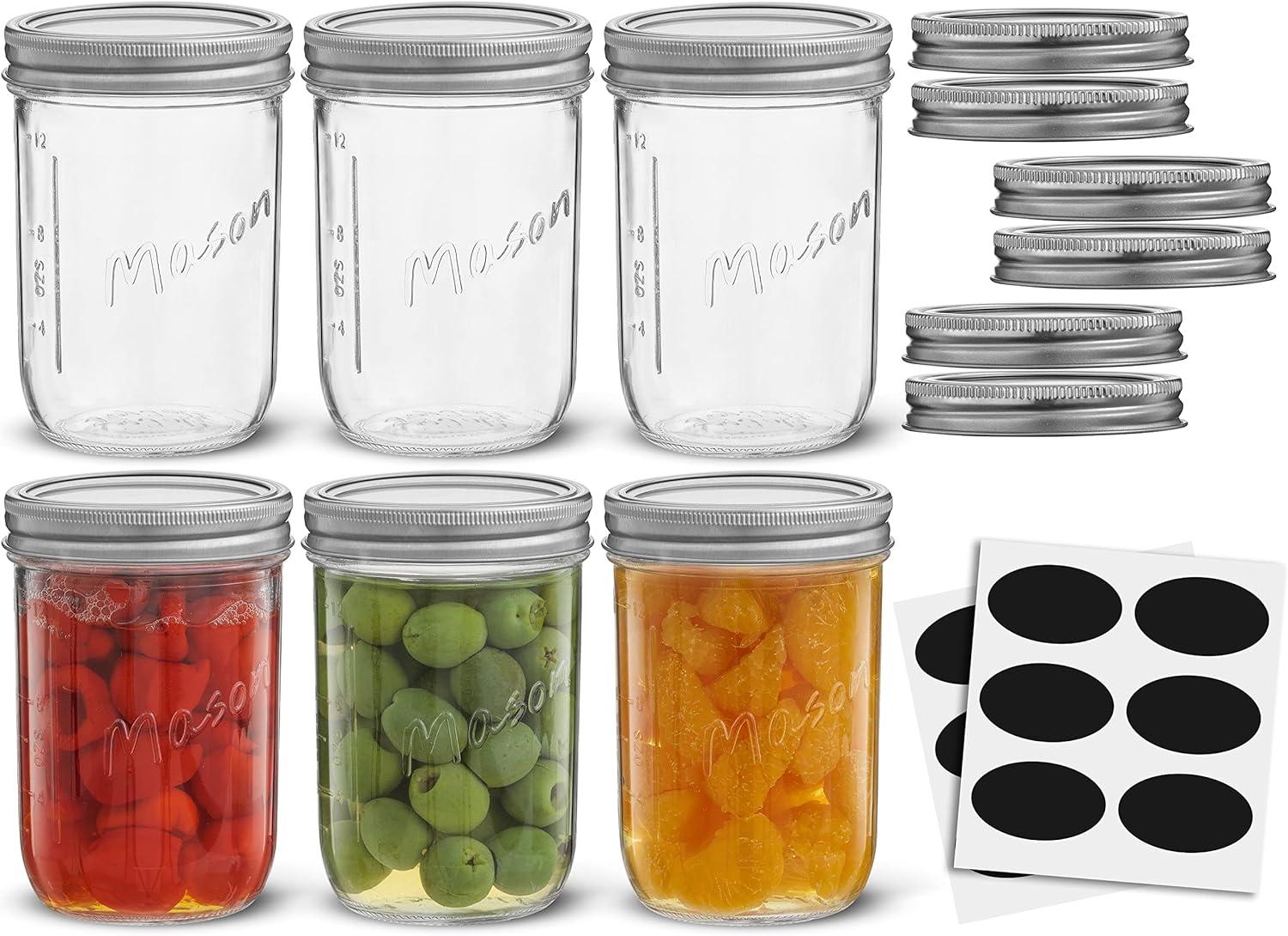 JoyJolt Wide Mason Jars with Airtight Lids, Labels and Measures - 16 oz - Set of 6