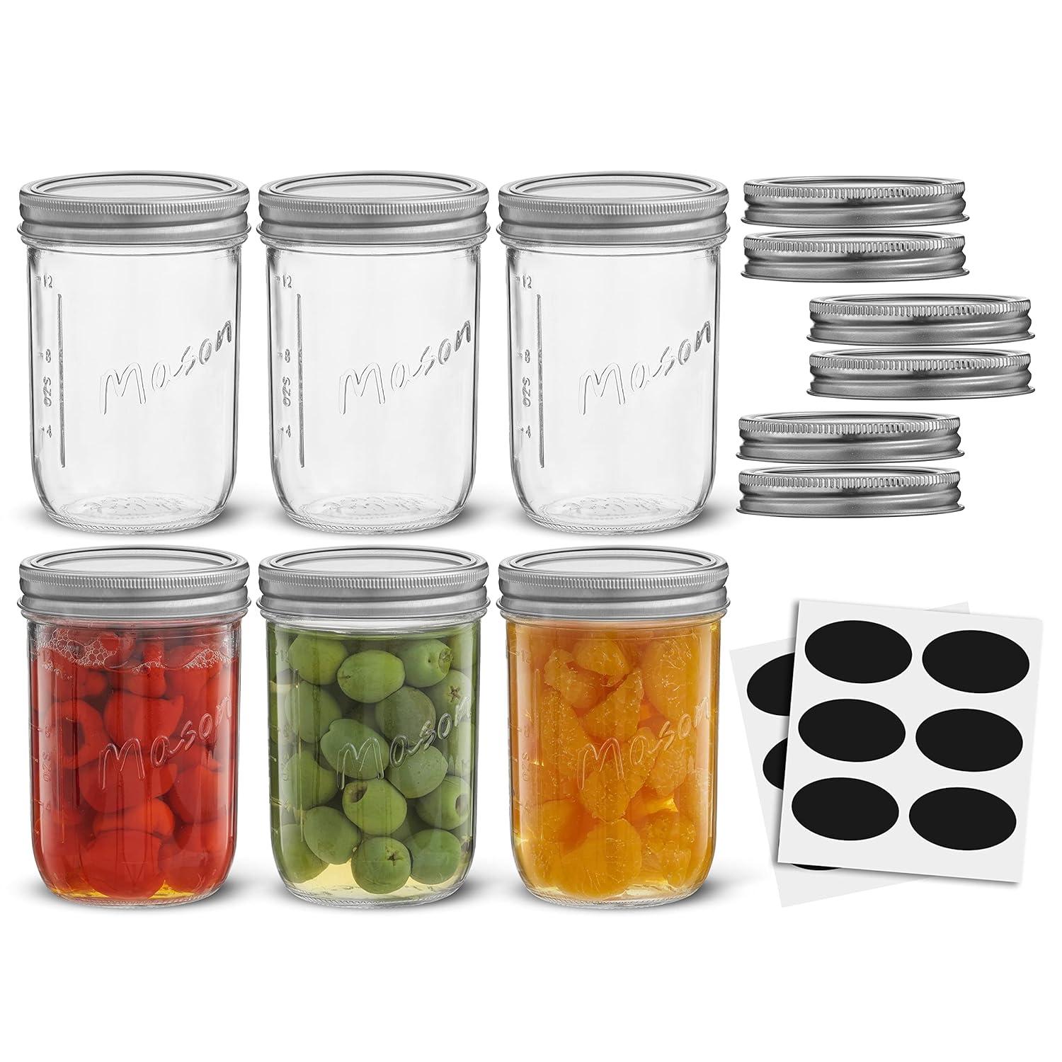 JoyJolt Wide Mason Jars with Airtight Lids, Labels and Measures - 16 oz - Set of 6