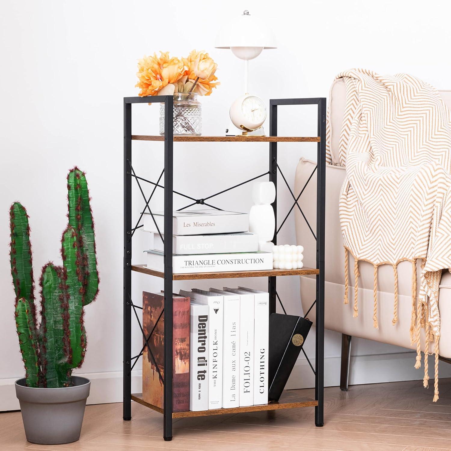 HCHQHS Small Bookshelf, Adjustable 3-Tier Industrial Bookcase, Rustic Open Book Shelf, Wood and Metal Horizontal Bookshelves