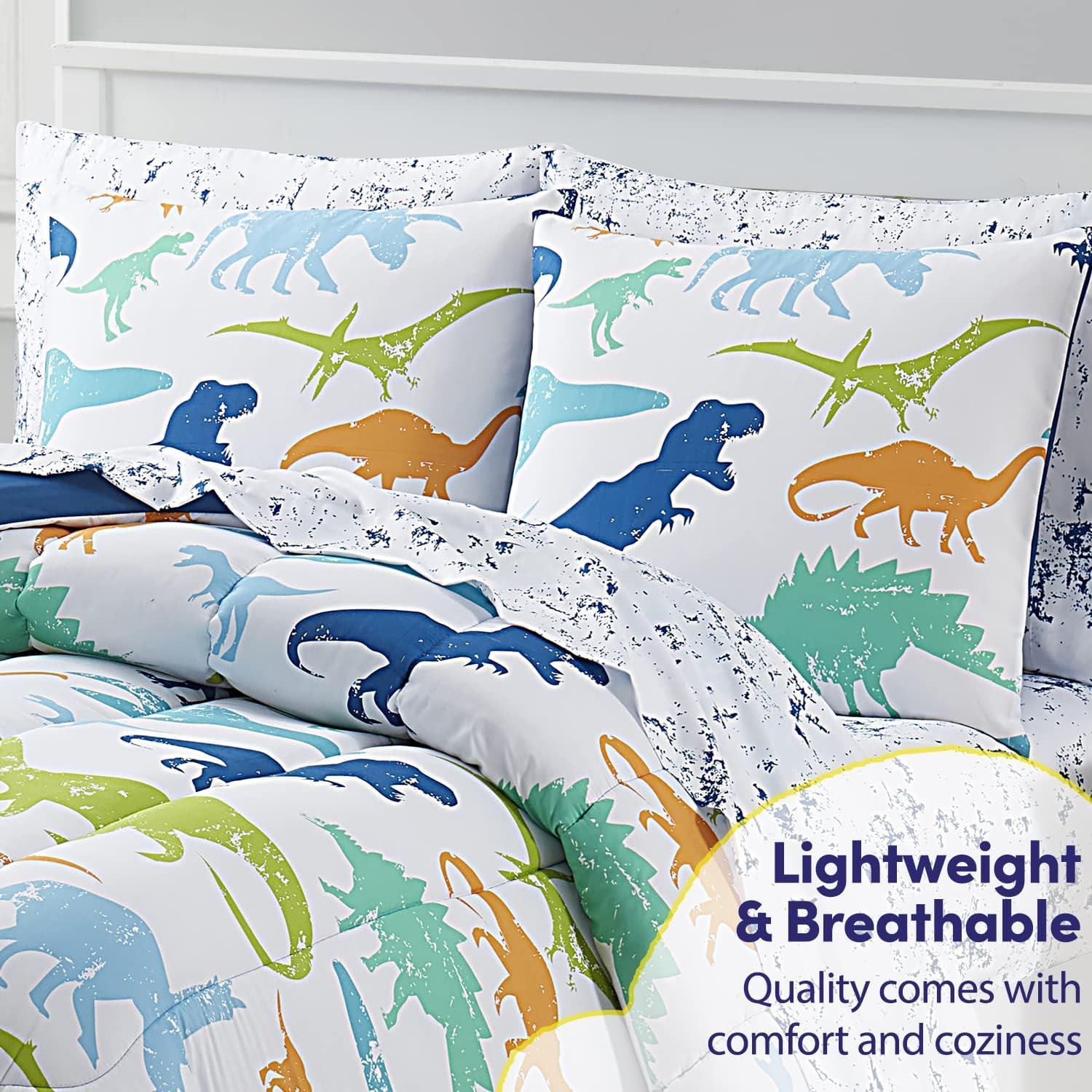 Dinosaur White/Blue/Green Microfiber Reversible Comforter Set