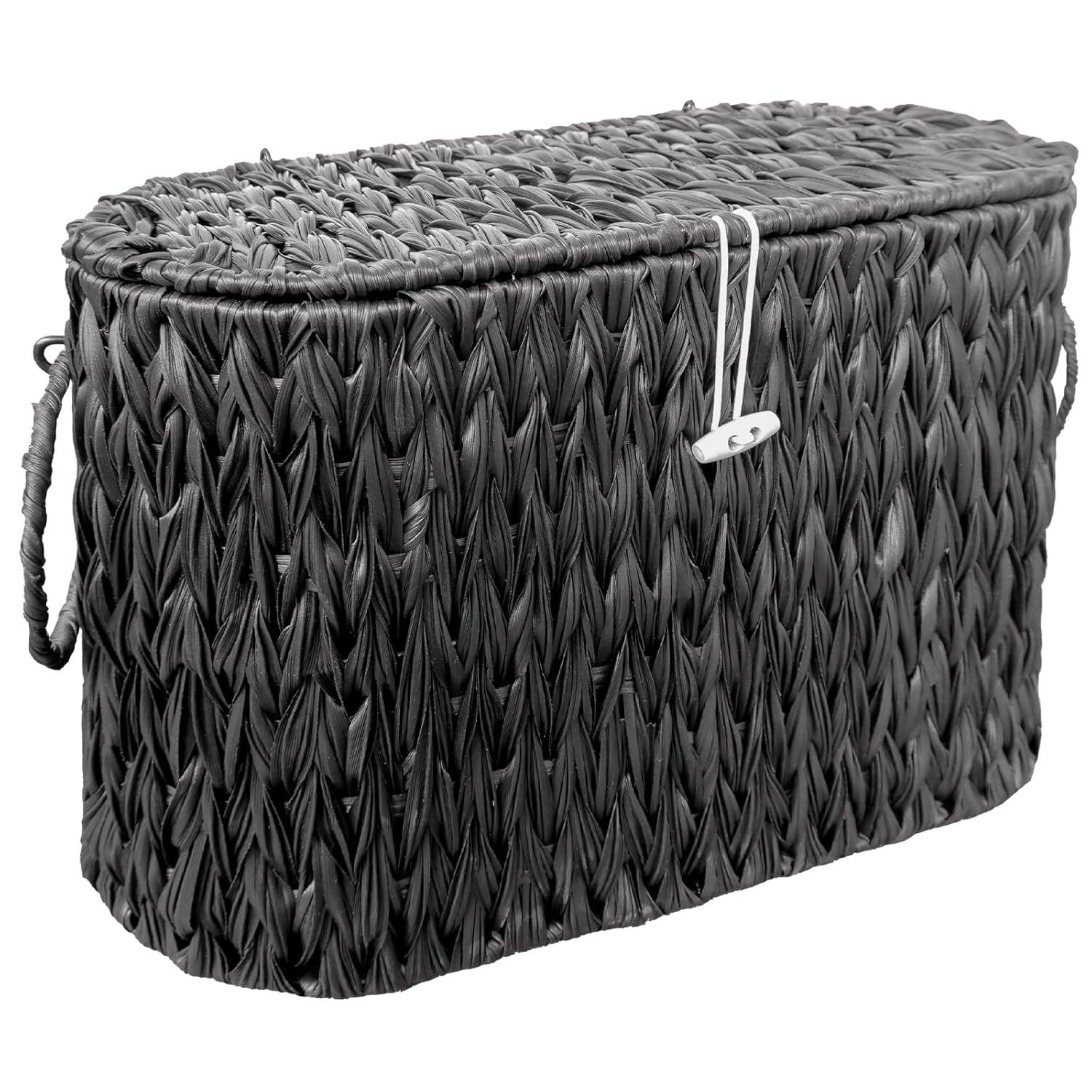 Black Toilet Paper Basket with Lid,Wicker Toilet Paper Storage Stand,Large Narrow Bathroom Towel Basket Mega Roll Container Bin for Toilet Tank,Floor