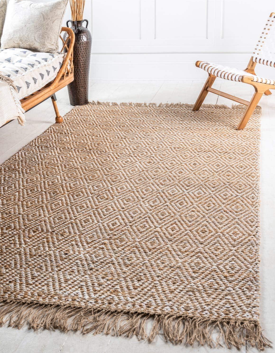 Unique Loom Braided Jute Assam Trellis Indoor Hand Made Fringe Area Rug