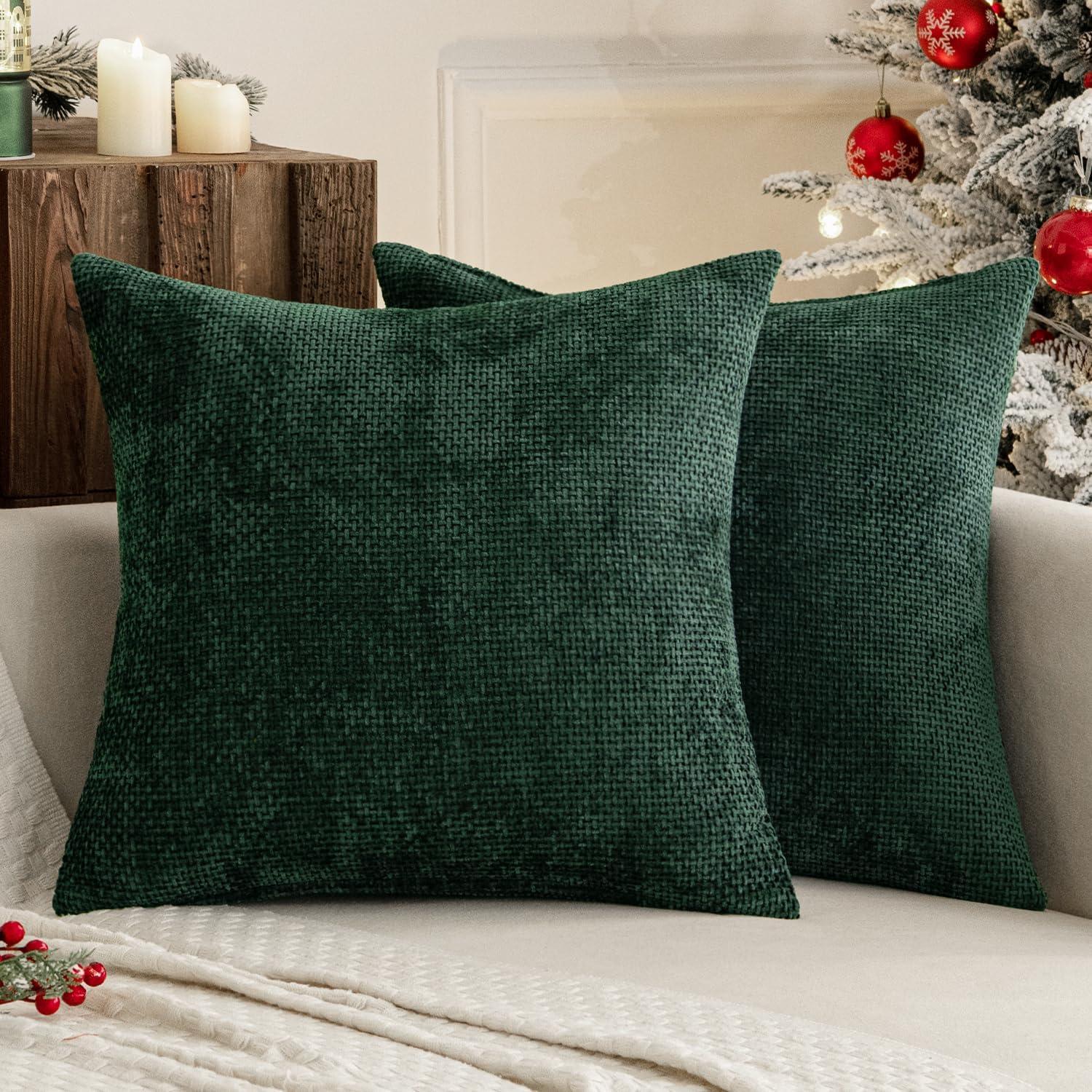 Green Chenille 18x18 Inch Decorative Pillow Covers, Pack of 2