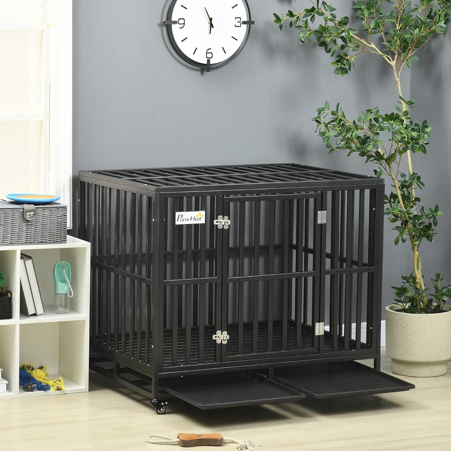 PawHut 41" Heavy Duty Dog Crate Metal Kennel and Cage Dog Playpen with Lockable Wheels, Slide-out Tray and Anti-Pinching Floor