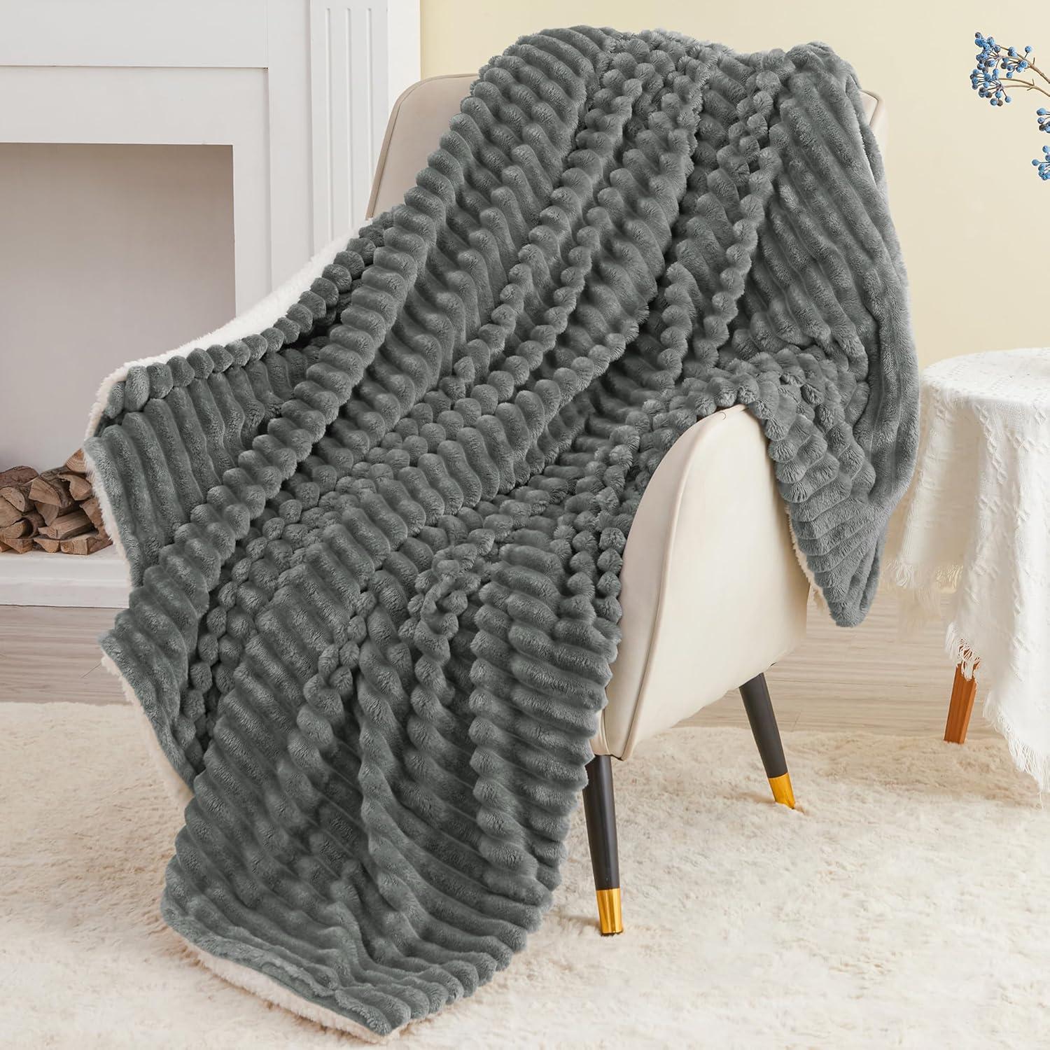 INFIIXSO Sherpa Throw Blanket for Couch - Super Soft & Warm Striped Fleece Blanket, Cozy Plush Fluffy Blanket All Season Use (Grey, 50x60 Inches)