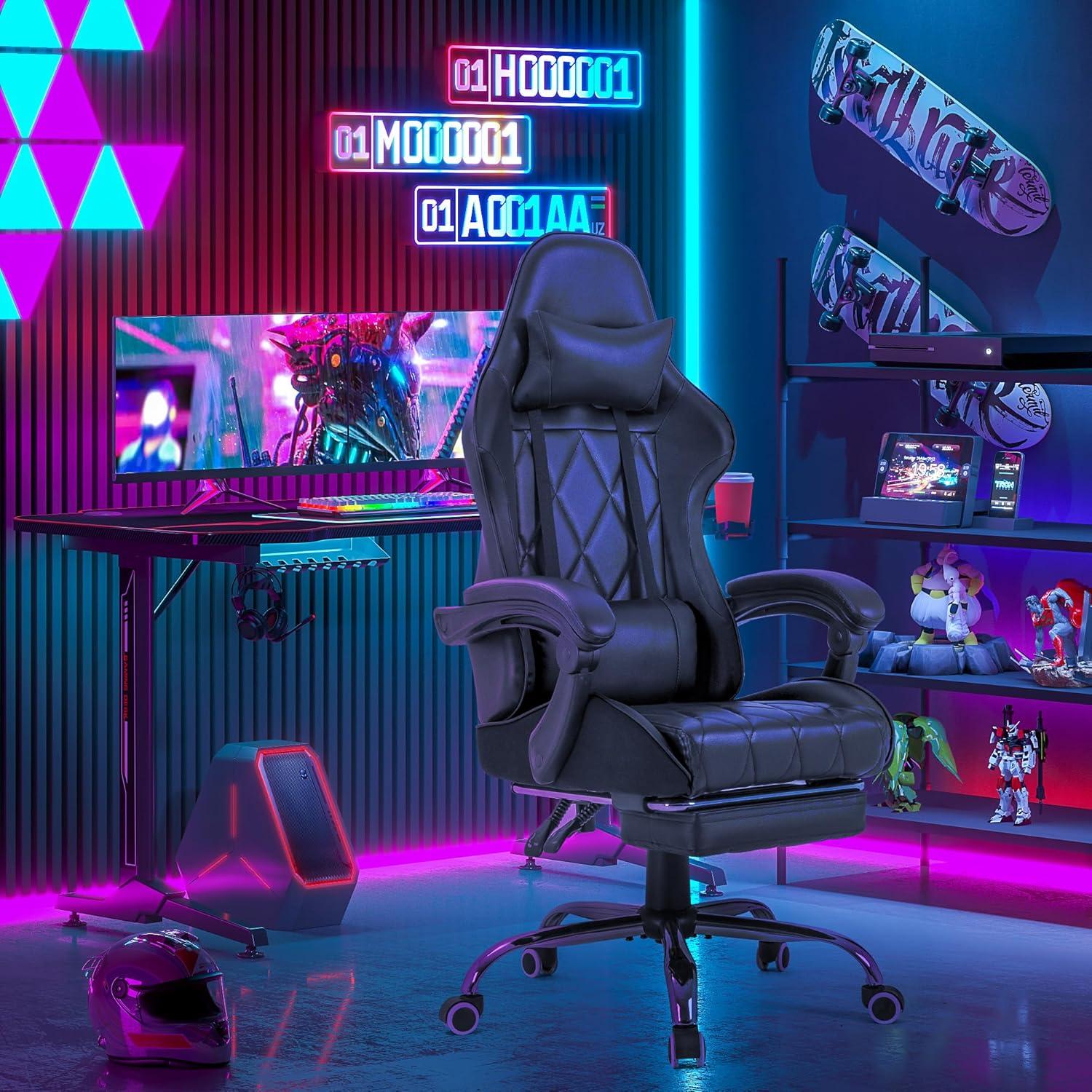 U-SHARE Gaming Chair, Computer Chair with Footrest and Massage Lumbar Support, Ergonomic High Back Video Game Chair with Swivel Seat and Headrest (Black)