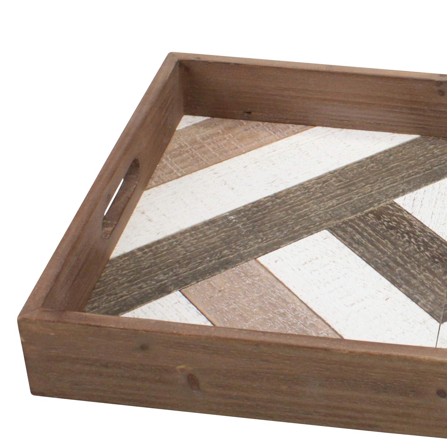 Stonebriar 18.1" x 12.3" Solid Wood Tray with Decorative Geometric Base, Brown