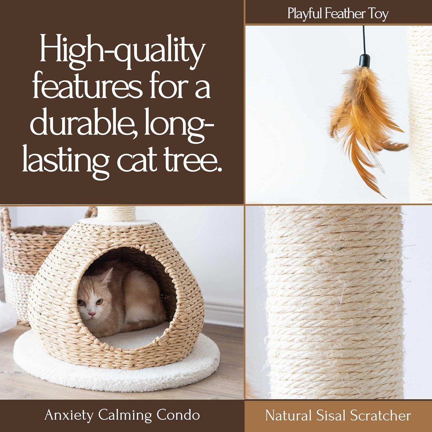 PetPals PetPals Walk Up Cat Tree with Fleece Perch, Handwoven Basket, and Sisal Scratching Post, Eco-Friendly Cat Furniture, Beige