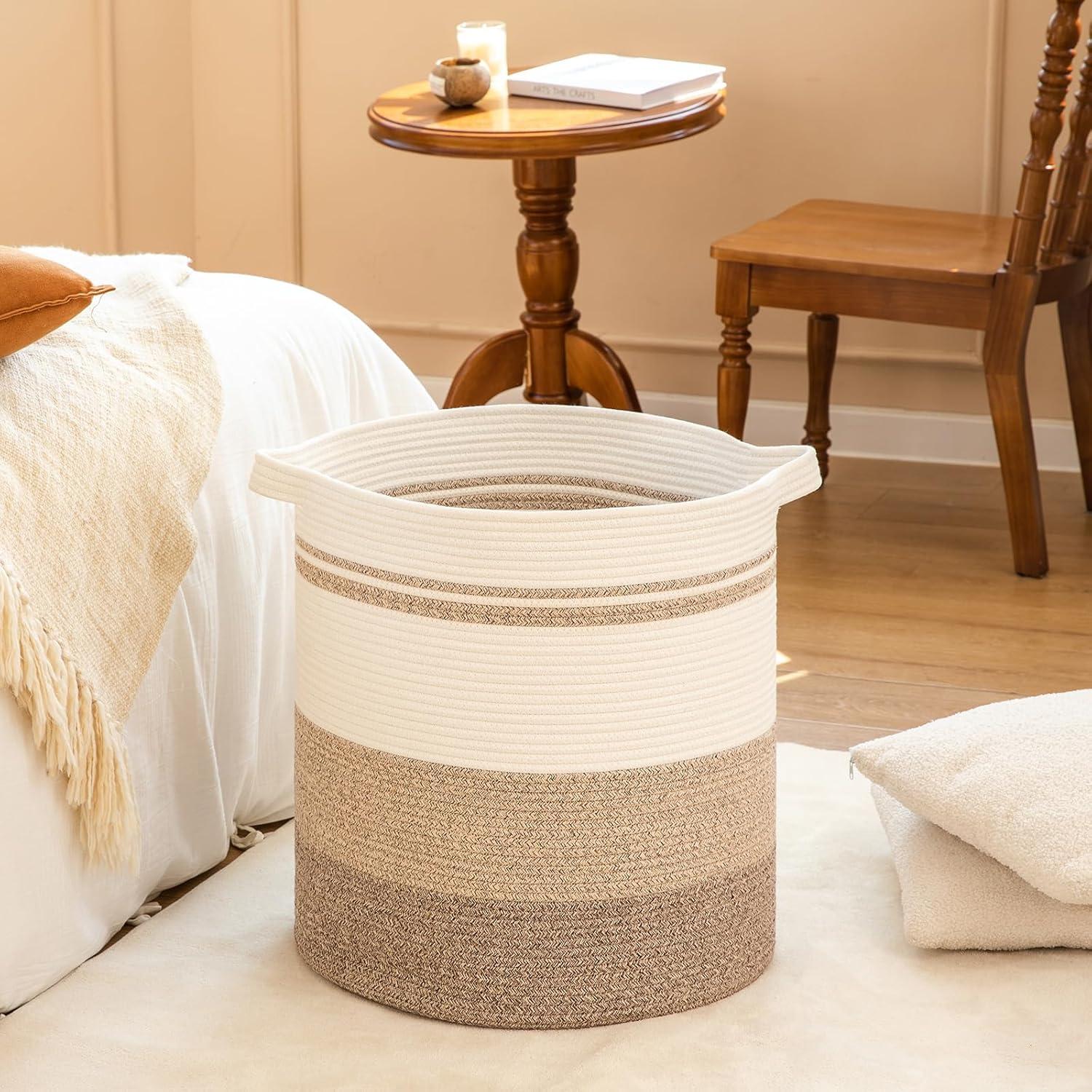 Large Beige and White Collapsible Woven Laundry Hamper