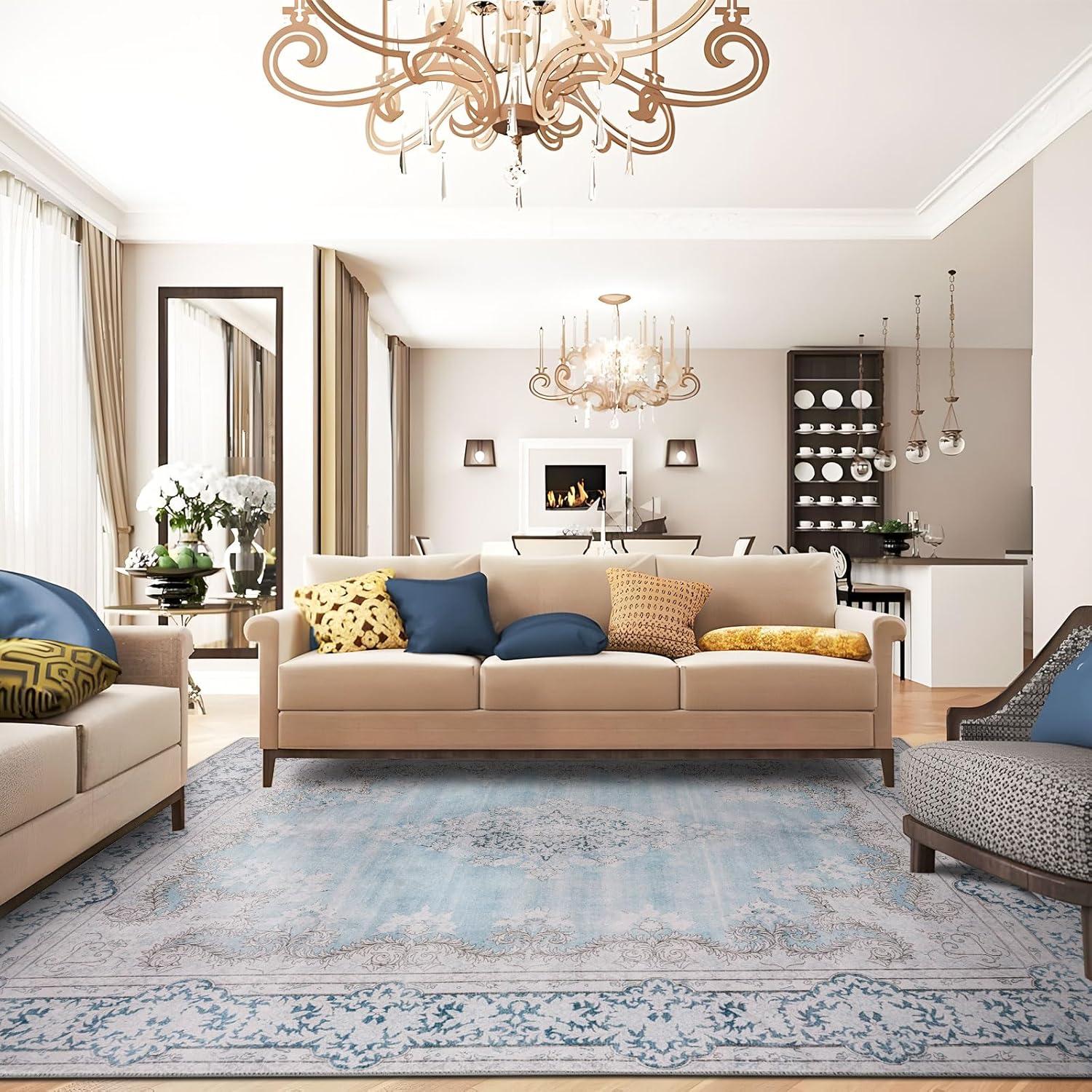 DECOMALL FEAONA Blue Oriental Machine Washable and Foldable Area Rug