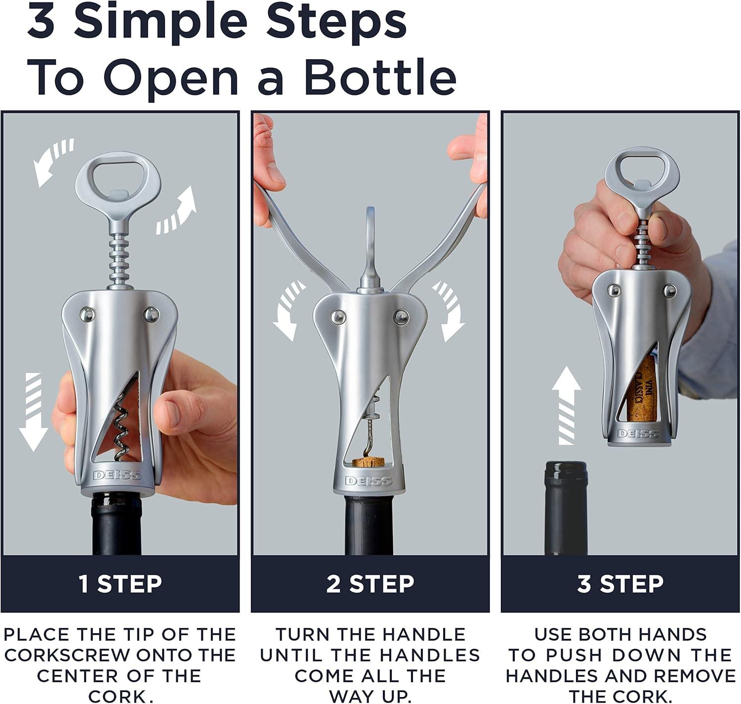 DEISS Deiss Lux Wine Opener, All-metal Wing Corkscrew Wine Bottle Opener With Built-in Beer Bottle Opener - Ergonomic Cork Screw Wine Corker, Silver Matte Coating, Velvet Storage Pouch, Perfect Wine Gift