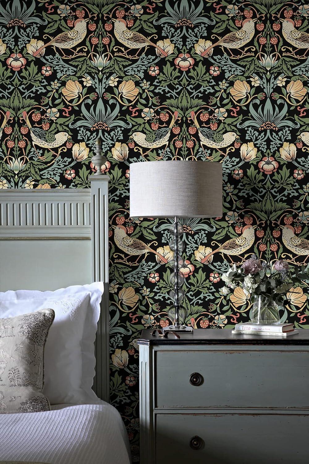 NextWall Aves Garden Peel and Stick Wallpaper Black: Whimsical Vintage Bird & Floral Design, Repositionable, Washable