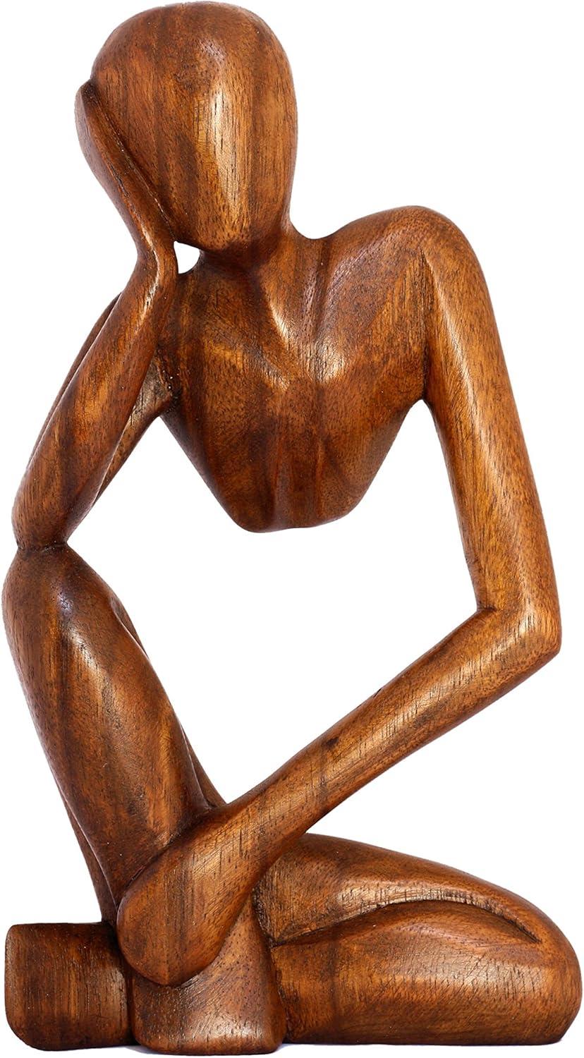 12" Hand-Carved Brown Wooden Thinking Man Statue