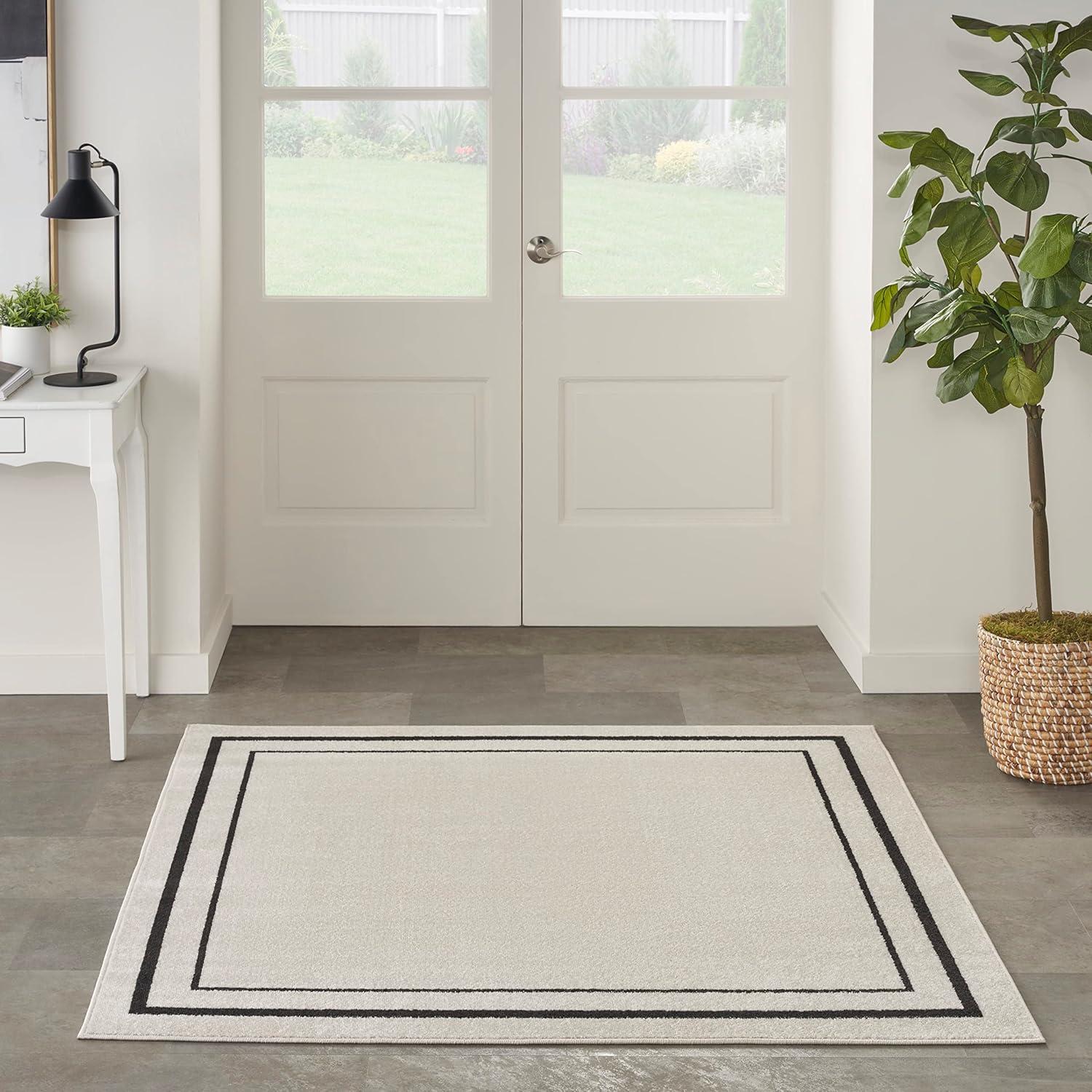 Contemporary Ivory/Black Square Outdoor Rug, Easy-Care Synthetic