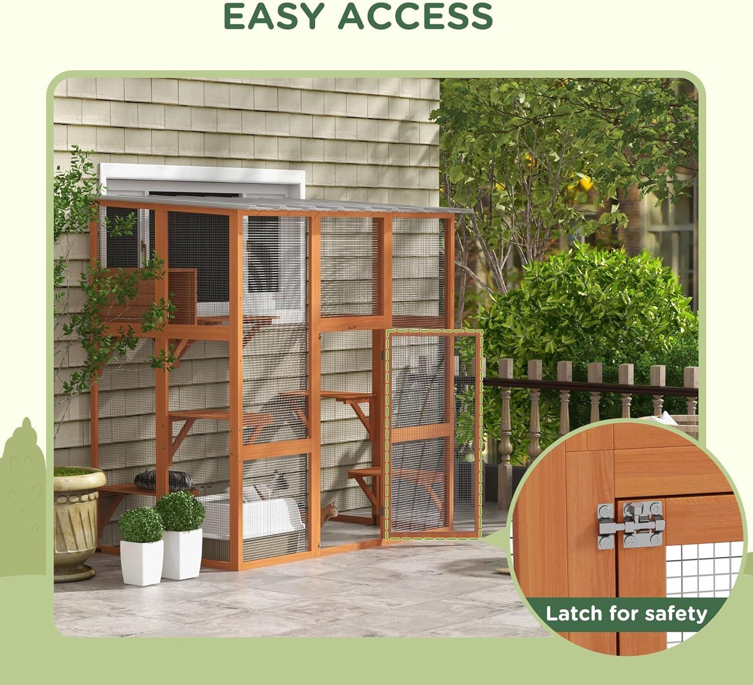 PawHut Catio, Outdoor Cat Enclosure Window Box Wooden Cat House w/ Weather Protection Roof for 2 Kitties with Resting Box, Platforms & Bridge