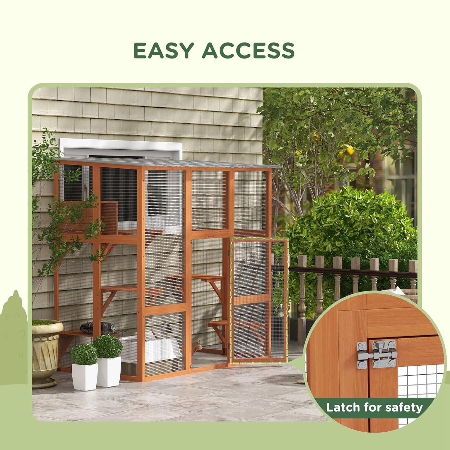 PawHut Catio, Outdoor Cat Enclosure Window Box Wooden Cat House w/ Weather Protection Roof for 2 Kitties with Resting Box, Platforms & Bridge