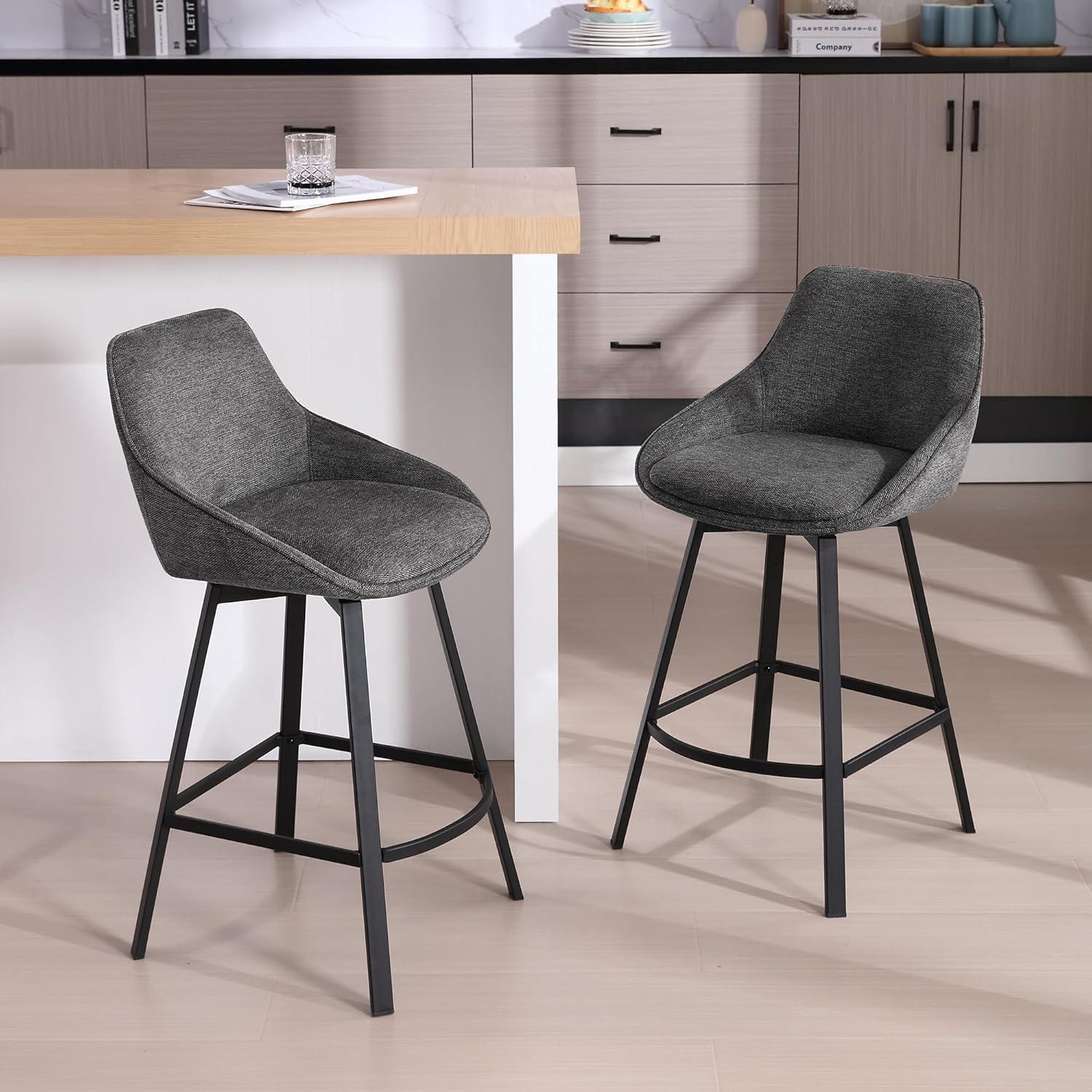 Gray Linen Upholstered Swivel Counter Stools with Steel Base, Set of 2