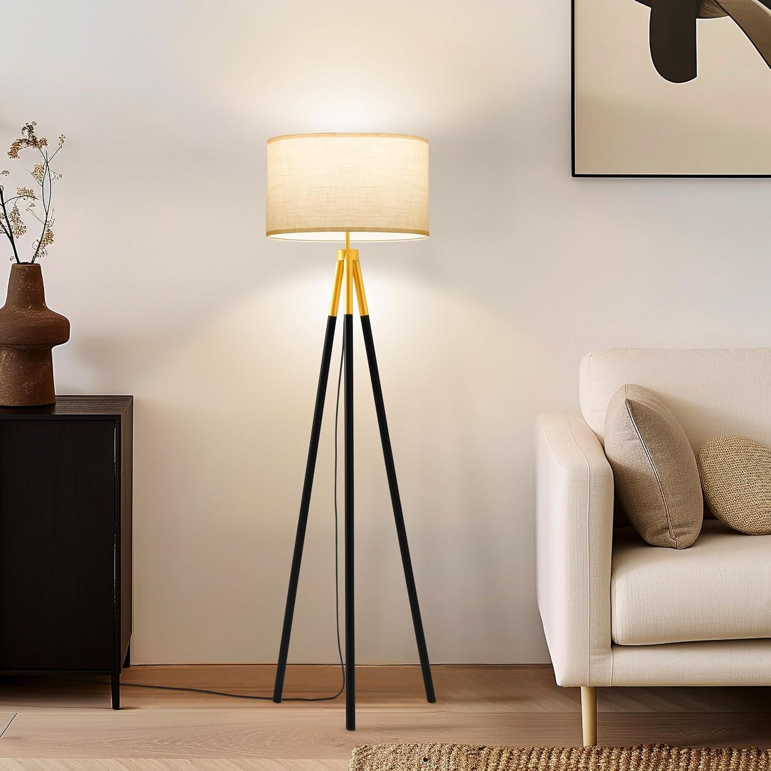Brightech Levi 61 in. Mid Century Modern Tripod Floor Lamp with Fabric Drum Shade and Gold Finish - LED Bulb Included
