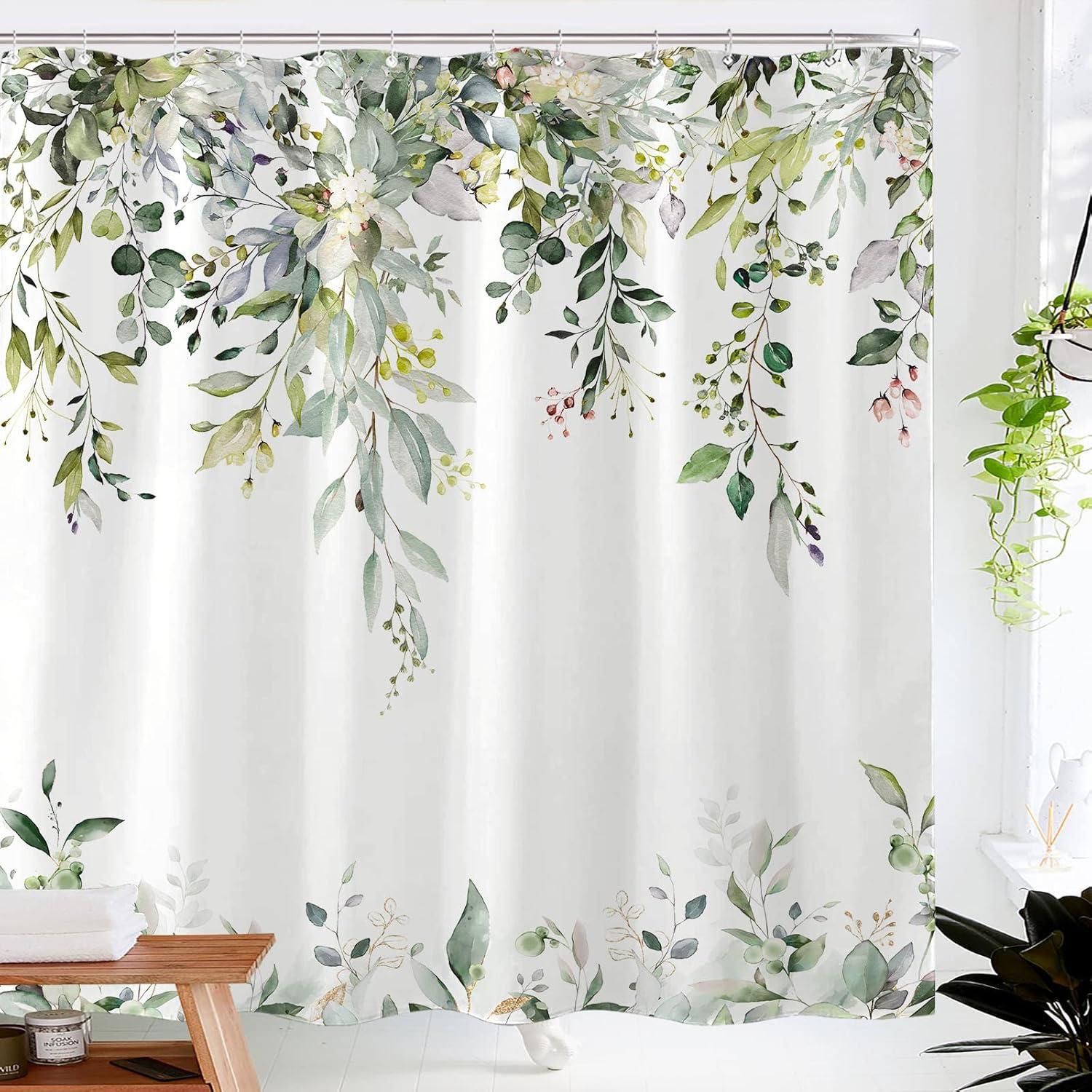 kampdream Eucalyptus Plant Rustic Shower Curtain, Watercolor Leaves On The Top Country Farm House Shower Curtain, Spring Botanical Bathroom Curtain 72 ×72 Inch