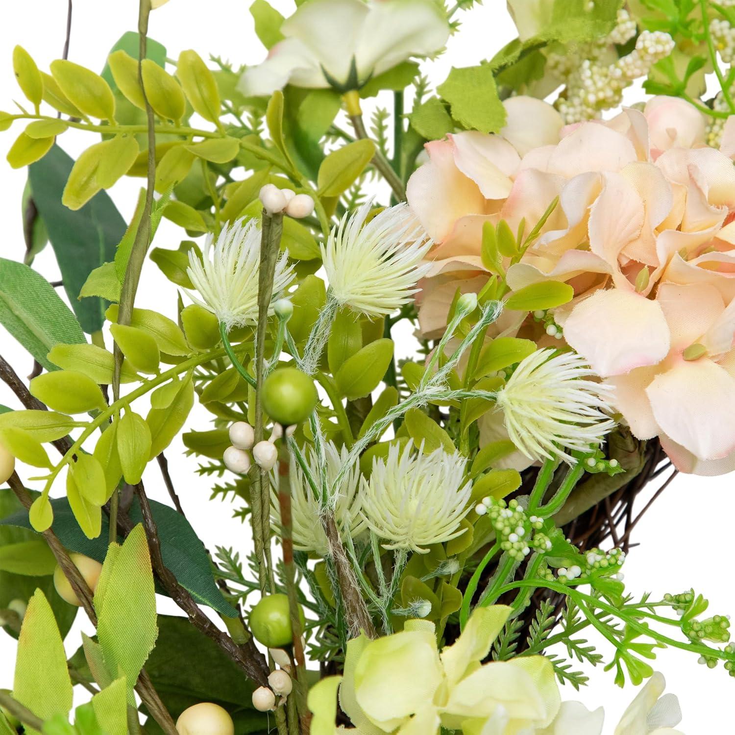 Northlight Seasonal Hydrangea and Fern Spring Floral Berry Wreath Green and Pink 28"