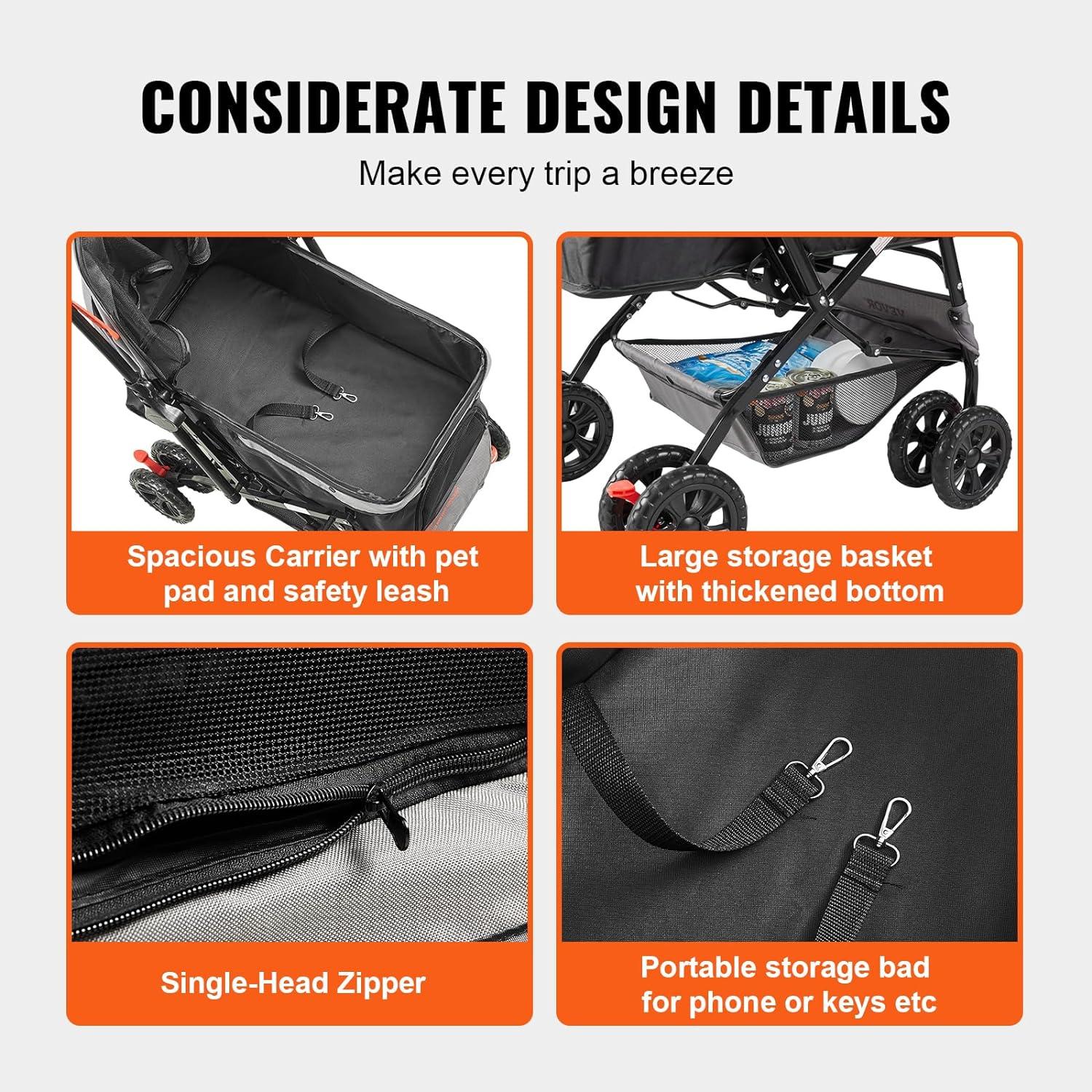 VEVOR Foldable Black and Gray Pet Stroller with Reversible Handle