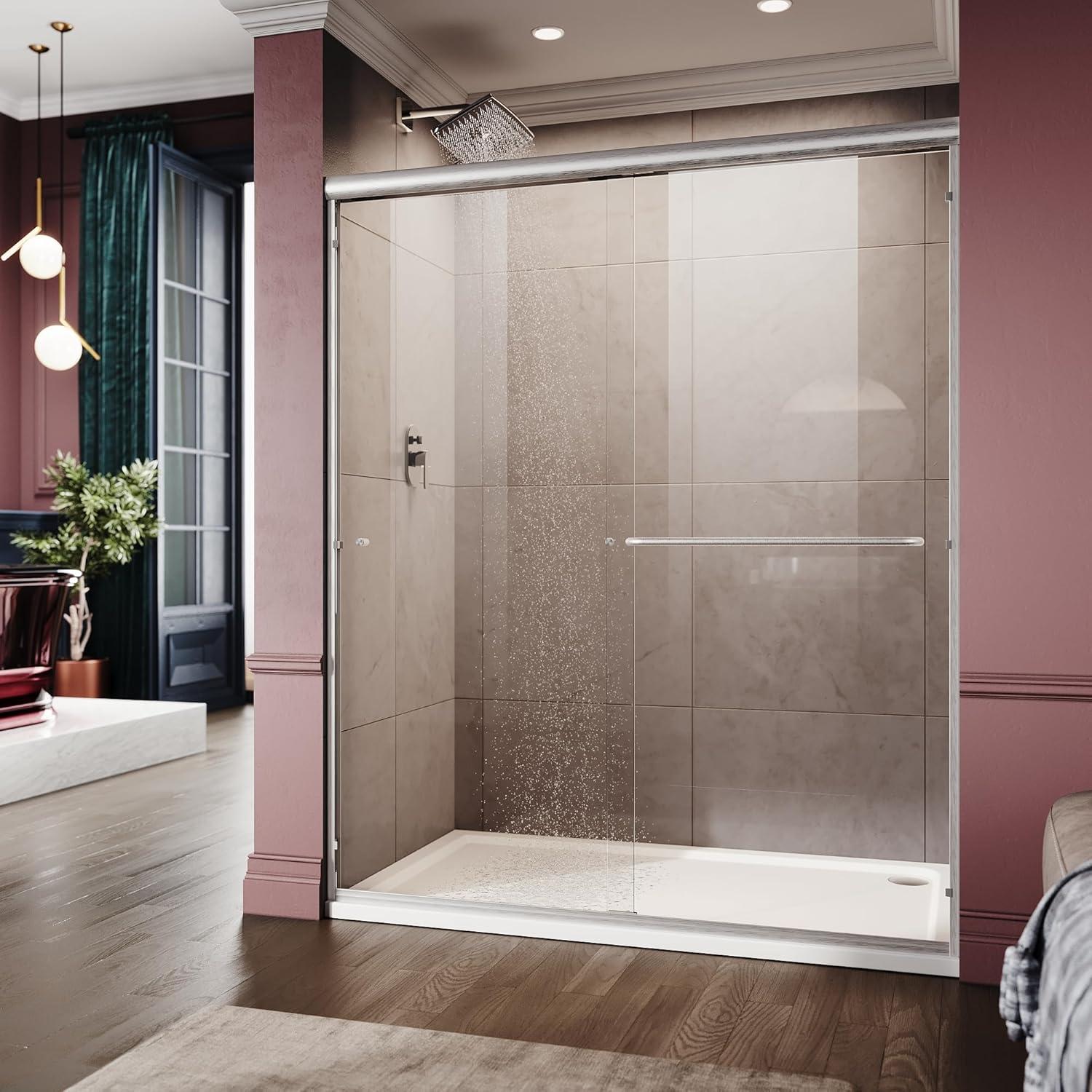 Elegant  Semi-Frameless Double Sliding Shower Doors in Brushed Nickel Finish Various Sizes Shower Enclosure 54''W x 72''H