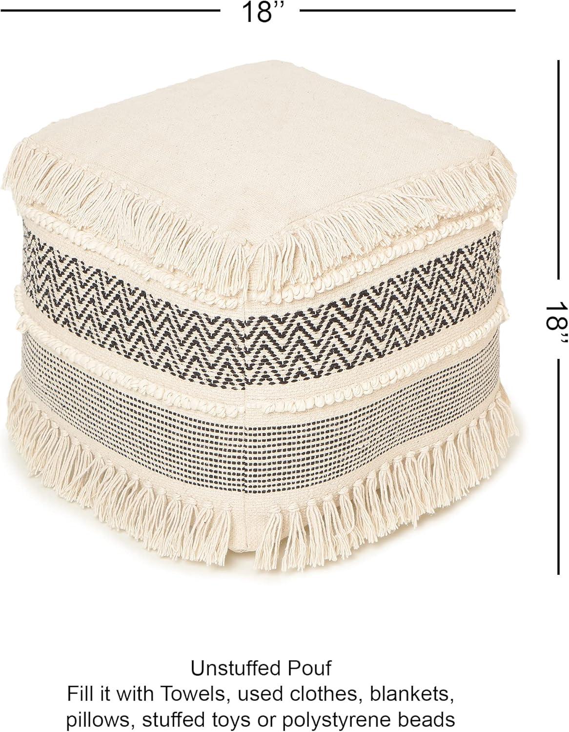 · REDEARTH · UNSTUFFED Pouf Ottoman Cover Boho Textured Storage Square Extra Seat, Farmhouse Poof Pouffe Accent Footrest for Living Room, Bedroom, Nursery, Kidsroom, Study Nook (18x18x18; Black)