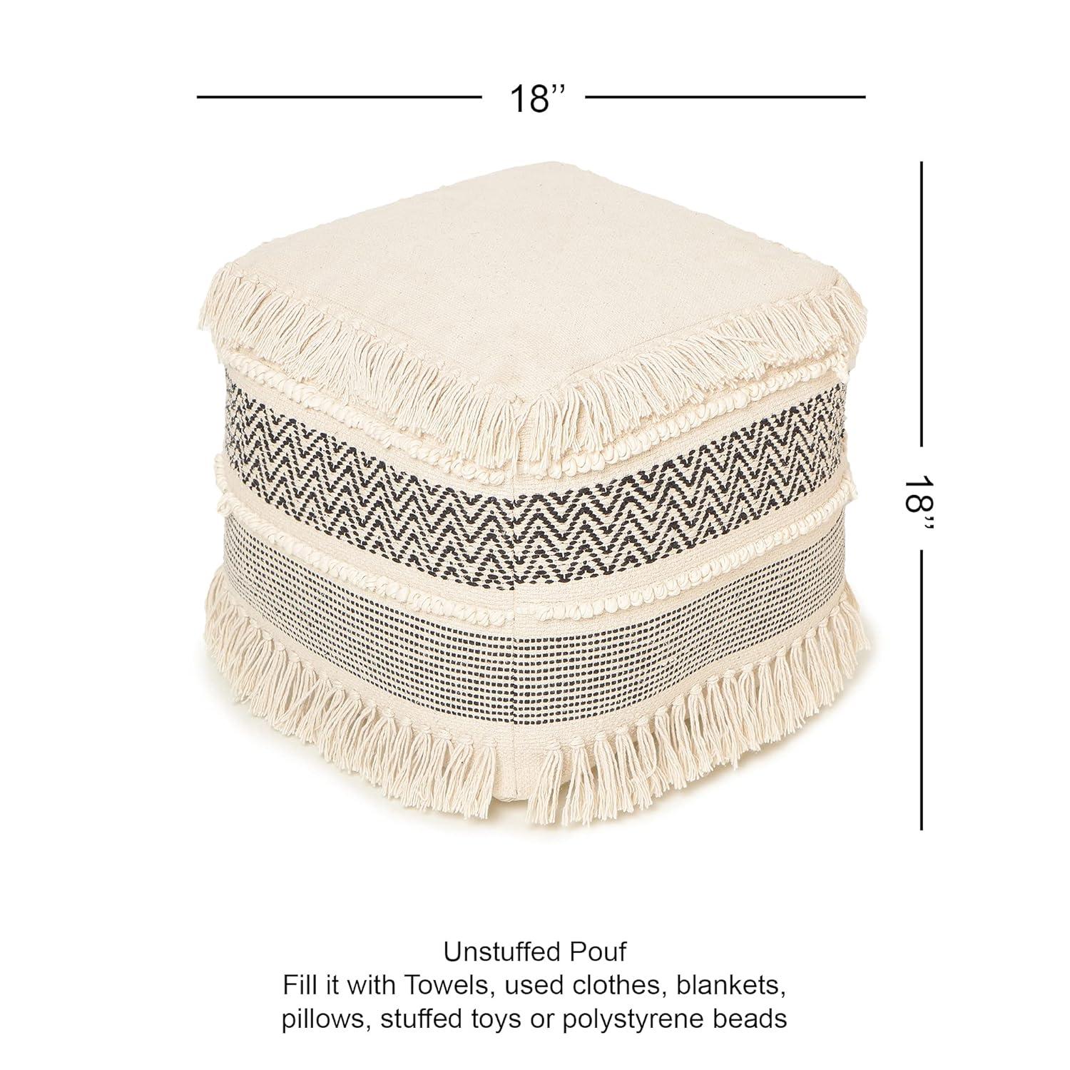 · REDEARTH · UNSTUFFED Pouf Ottoman Cover Boho Textured Storage Square Extra Seat, Farmhouse Poof Pouffe Accent Footrest for Living Room, Bedroom, Nursery, Kidsroom, Study Nook (18x18x18; Black)