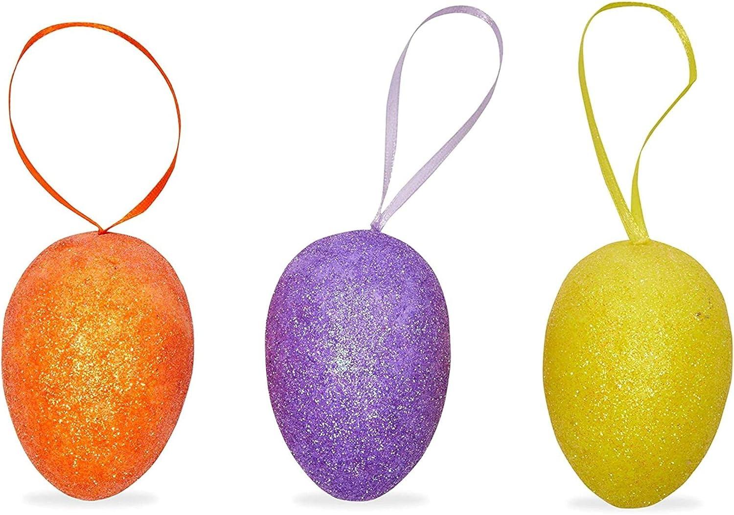 36 Pack Easter Egg Ornaments in 6 Sparkle Colors - Glitter Foam Hanging Easter Eggs for Easter Tree Decorations, Basket Filler, Home Party, DIY Crafts