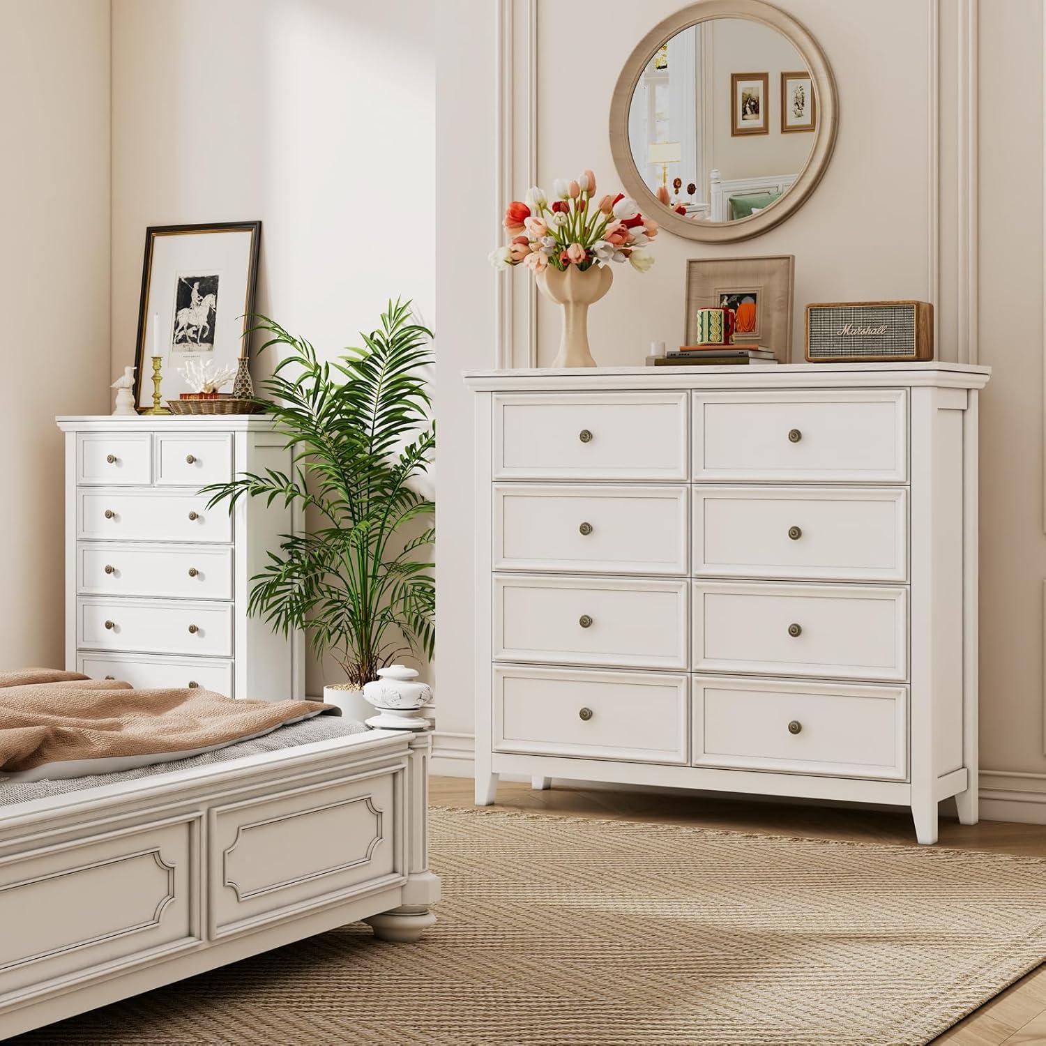 White 8-Drawer Tall Dresser with Brass Knobs