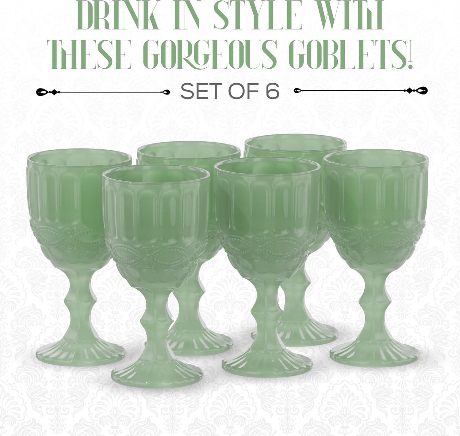 Jade Green Embossed Vintage Glass Goblets, Set of 6