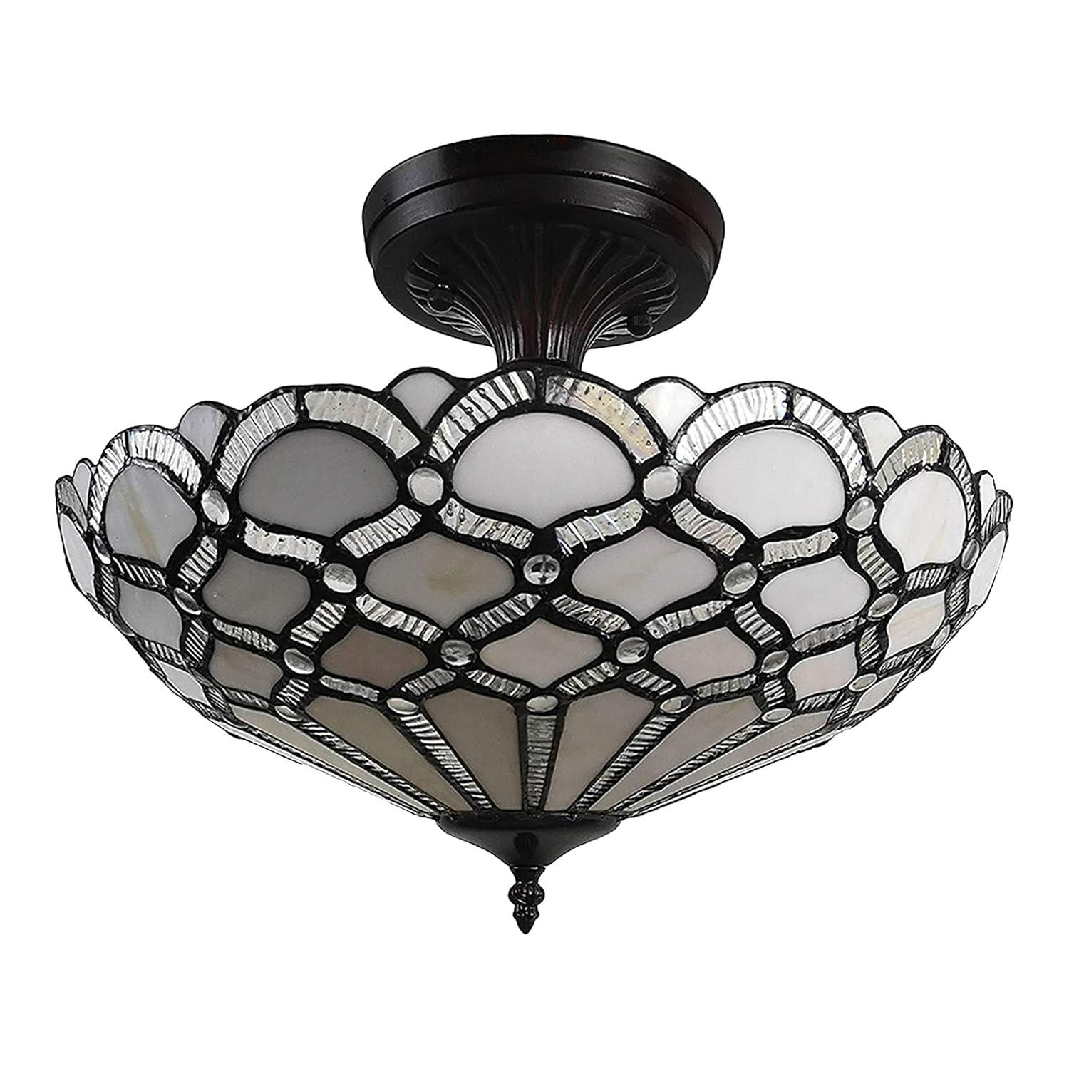 Amora Lighting Tiffany Style Ceiling Fixture Lamp Jeweled 17" Wide Stained Glass White Bedroom Hallway Gift AM108CL17B