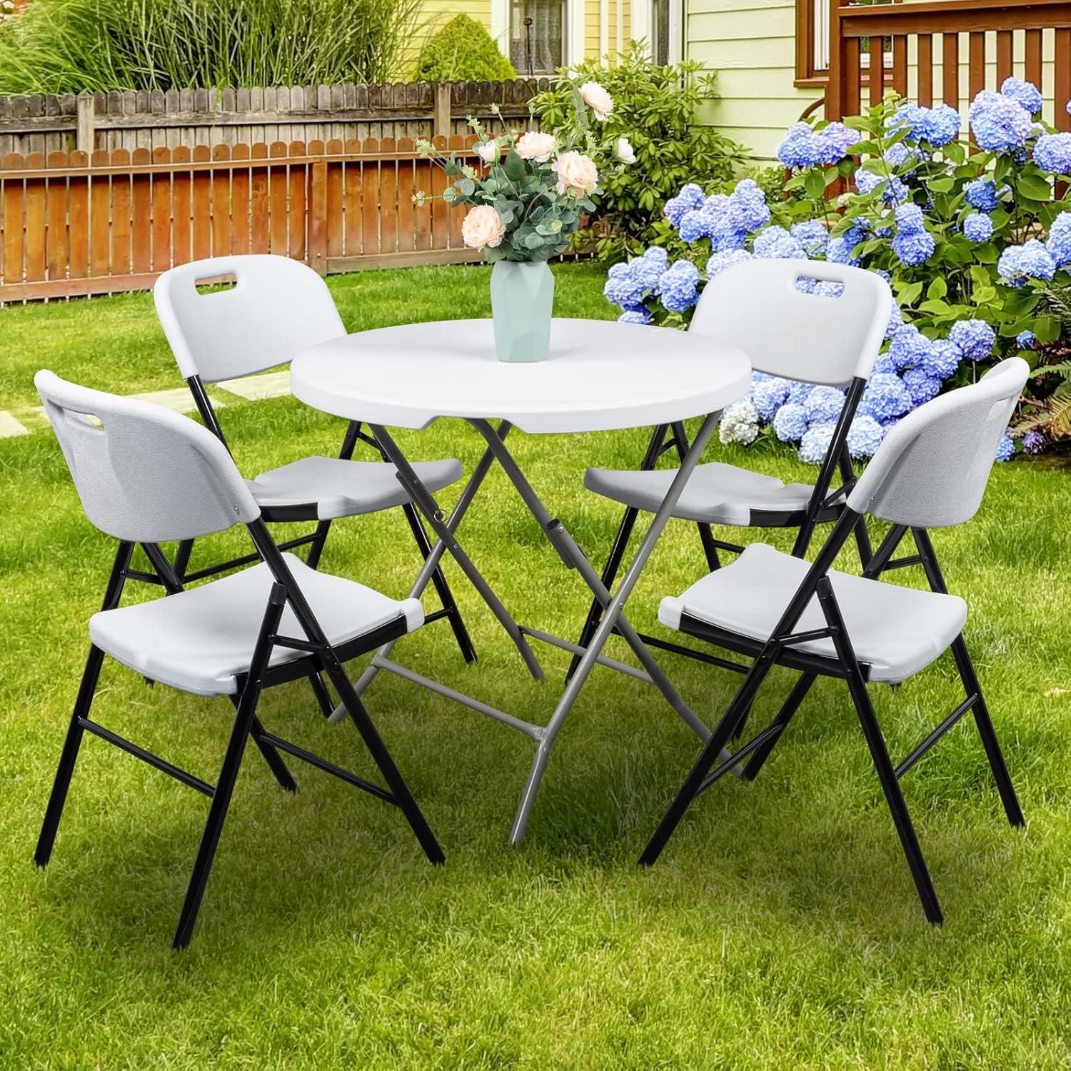 Hassch Plastic Folding Chairs Set of 4, Indoor Outdoor Stackable Chairs with White Seat & Back, Black Steel Frame, Used for Party, Garden, Patio, Dining, Wedding, Camping