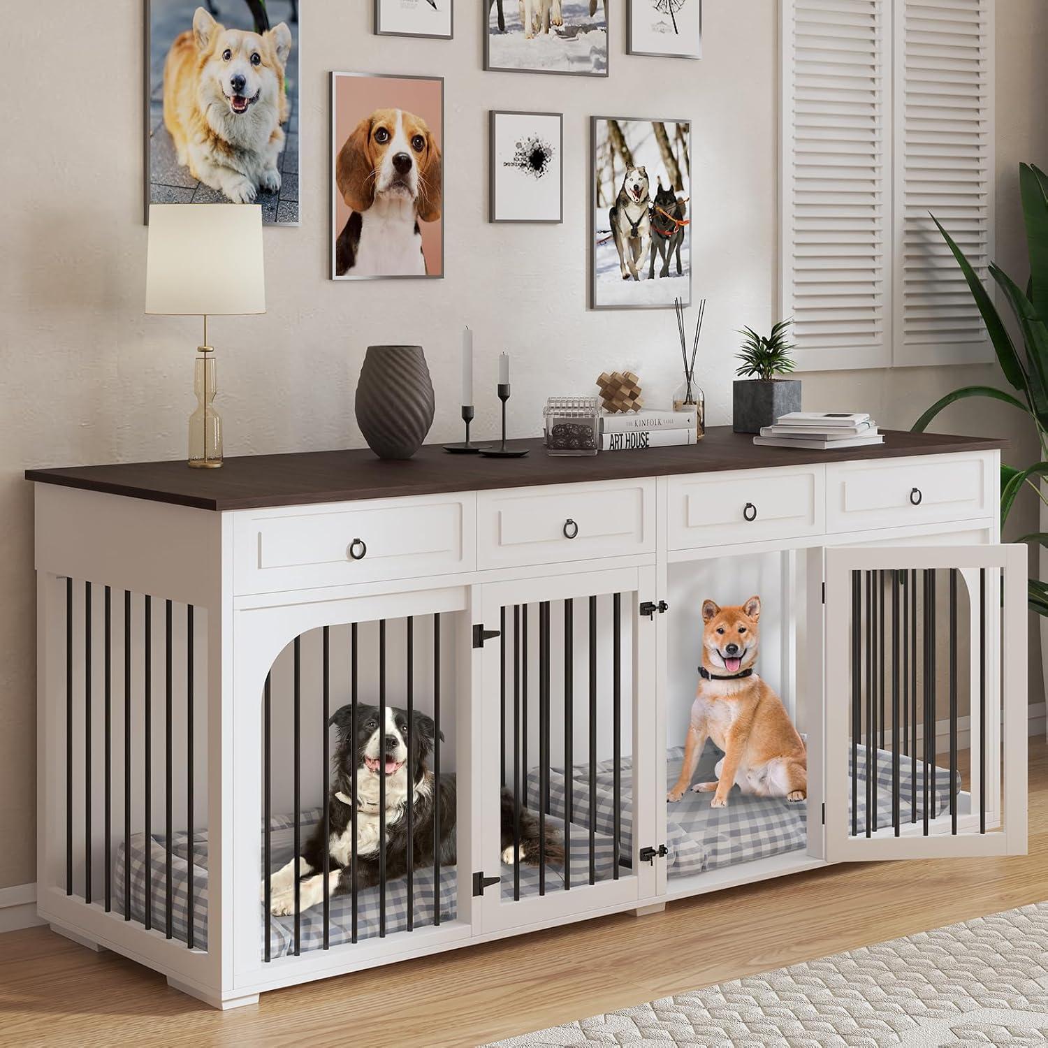 Tucker Murphy Pet™ 74.8" XXL Double Dog Kennel Furniture For Large Breed,Heavy Duty Wooden Dog Crate Cage Furniture Style With Storage Rack And Divider For 2 Dogs Indoor,White & Reviews | Wayfair