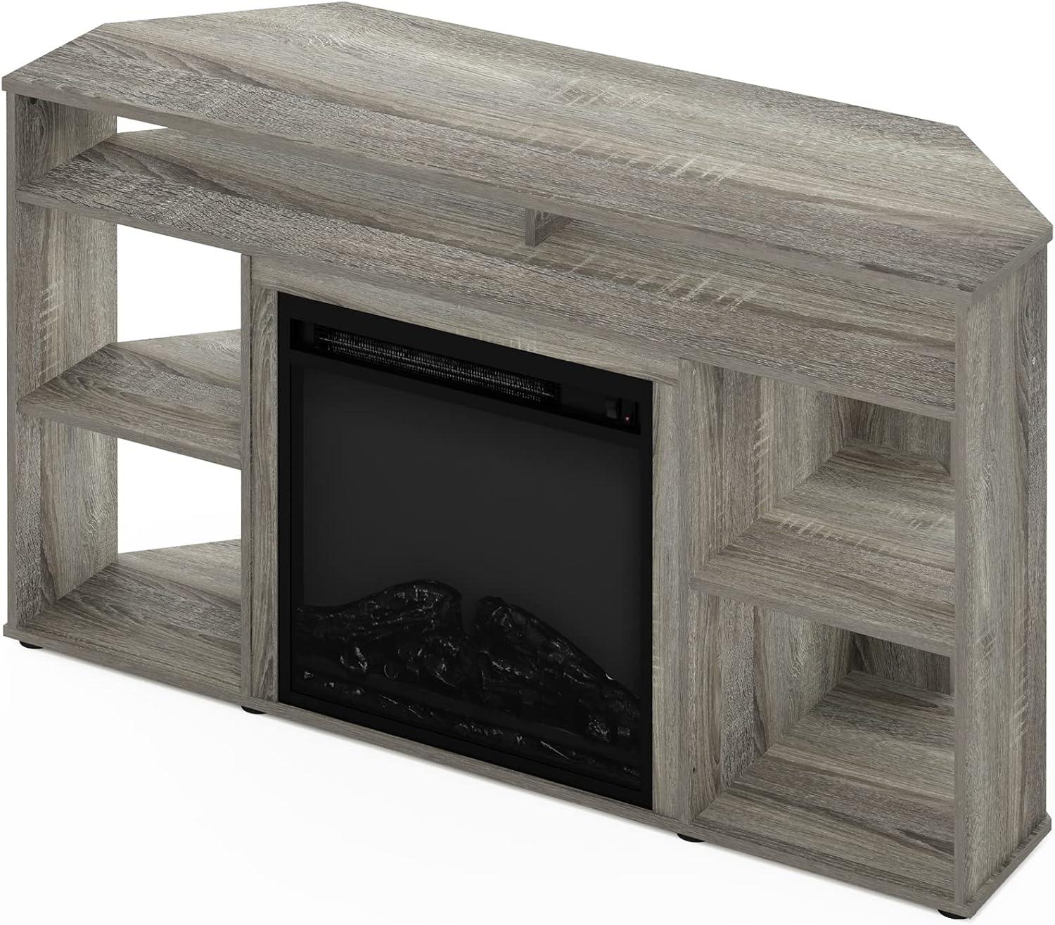 Furinno Jensen Corner TV Stand with Fireplace for TV up to 55 Inches, French Oak Grey