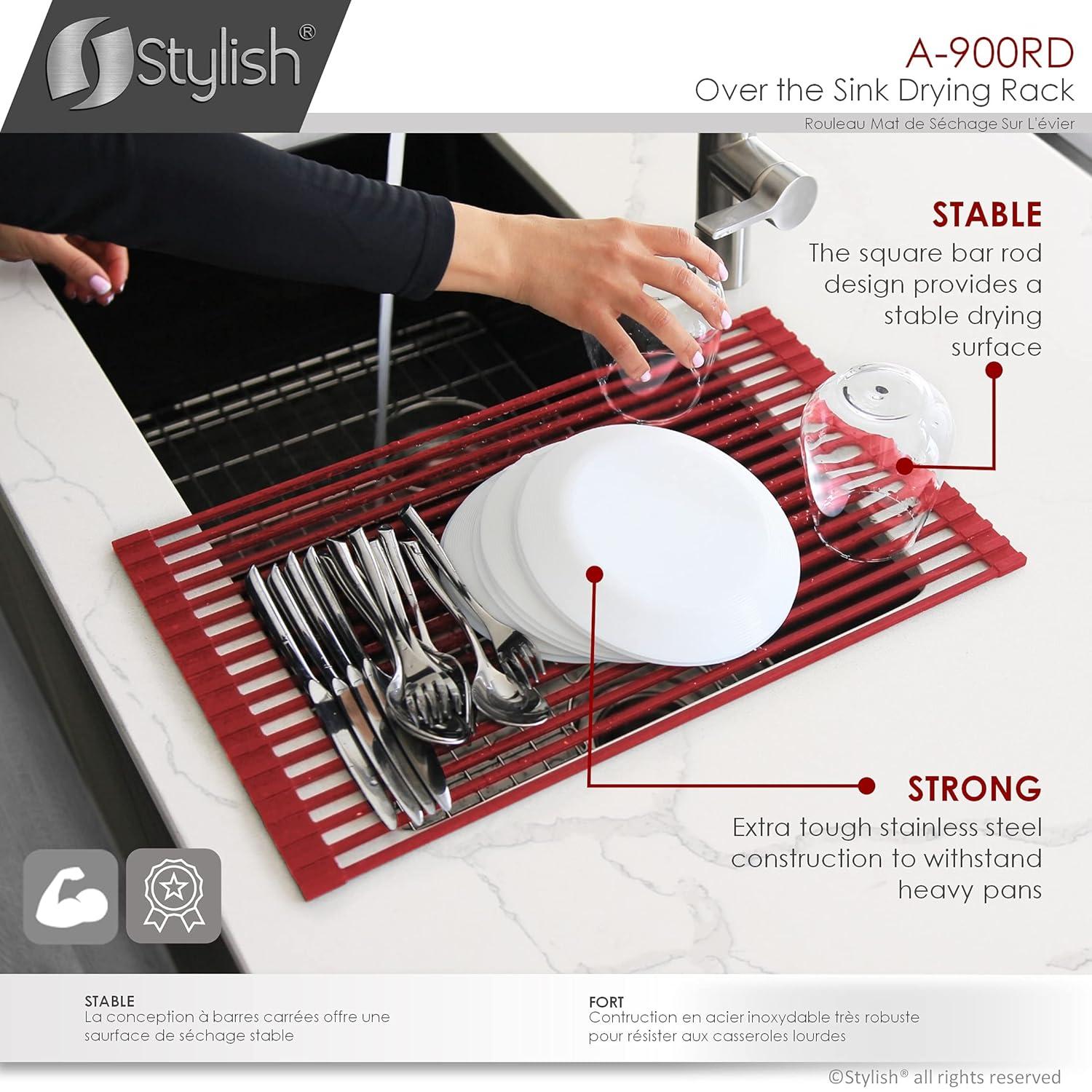 STYLISH Over The Sink Roll Up Dish Drying Rack Heat Resistant Trivet for Drying Dishes and Rinsing Vegetables Dark Grey A-900DG