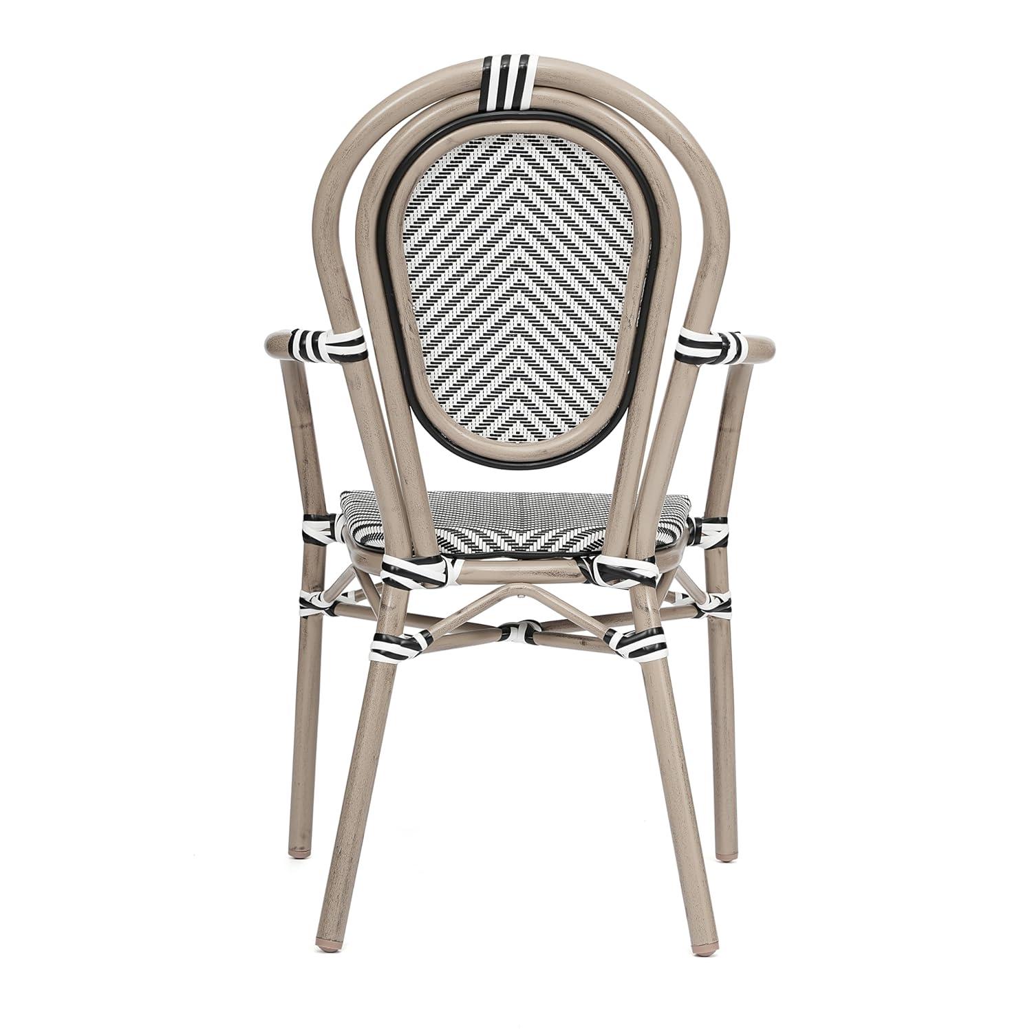 Merrick Lane Mael Set of Four Stacking Thonet Bistro Style Chair with Arms, Black & White Textilene Seat, & Bamboo Metal Frame for Indoor/Outdoor Use