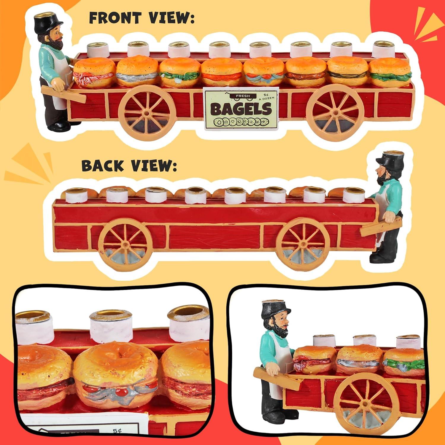 Zion Judaica Bagels and Lox Menorah - Merchant and Sandwiches Cart Collectible Candle Menorah - Fits Standard Size Hanukkah Candles
