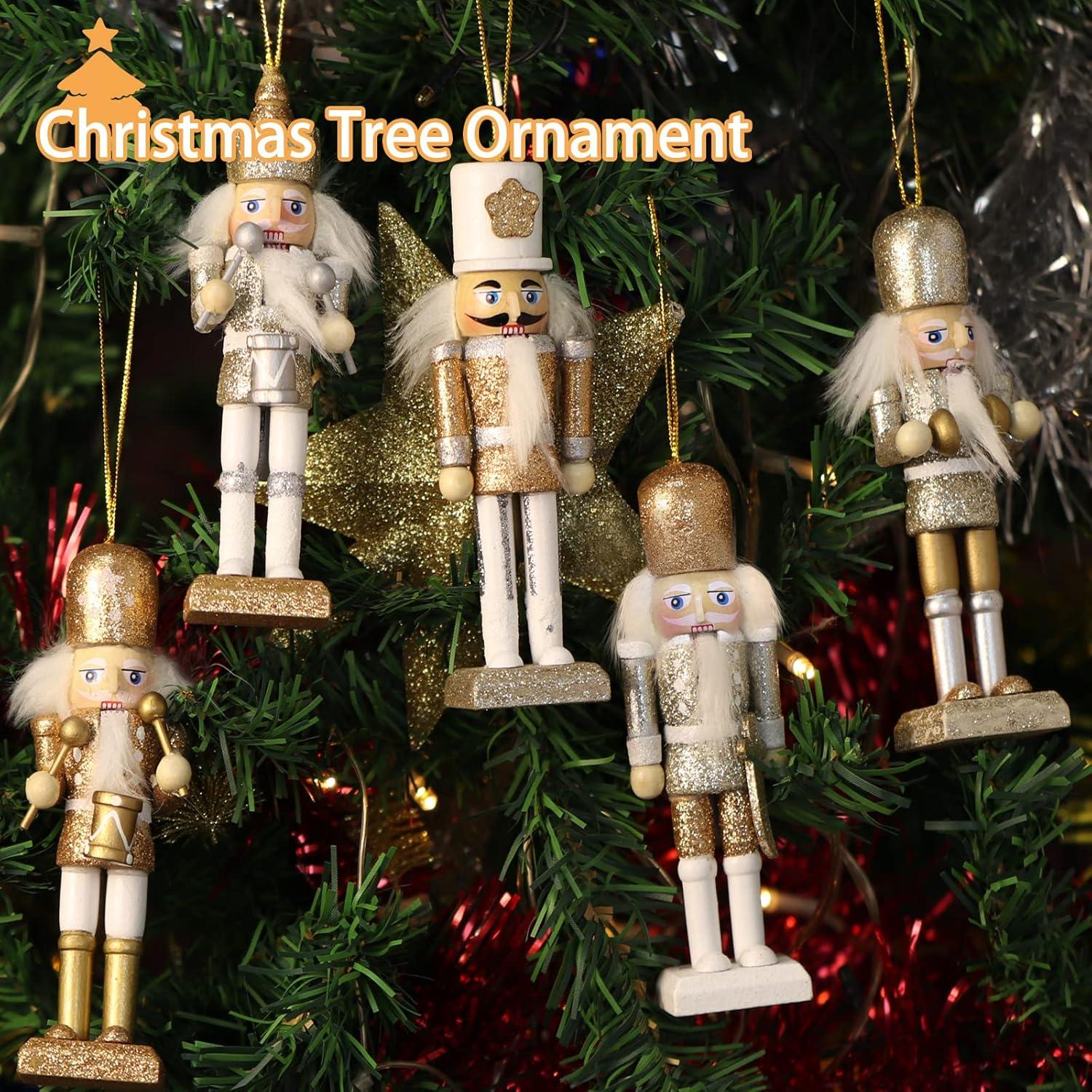 5PCS Christmas Nutcracker Ornament Set, Nutcracker Figures Christmas Decorations for Xmas Tree, Table Decor (White Gold, 5'', Set of 5pcs)