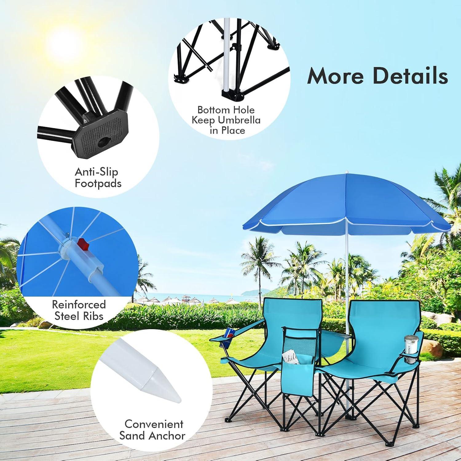 Portable Folding Picnic Double Chair W/Umbrella Table Cooler Beach Camping Turquoise