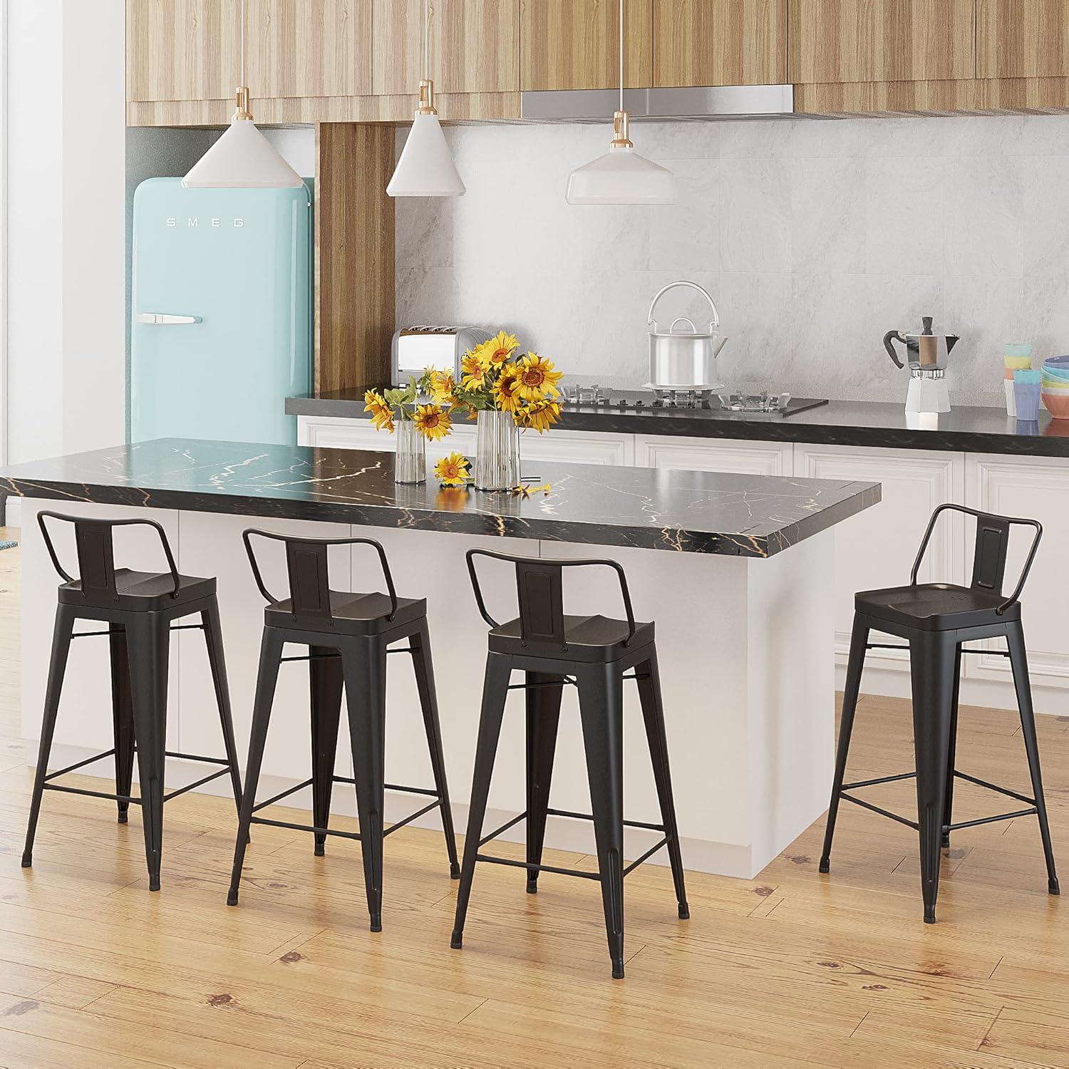 Andeworld 24" Bar Stools Set of 4,Counter Height Bar Stools with Larger Seat,Bar Stools with Back,Black Metal Bar Stools with Removable Back,Farmhouse Bar Stools,High Back Kitchen Bar Stools Chair