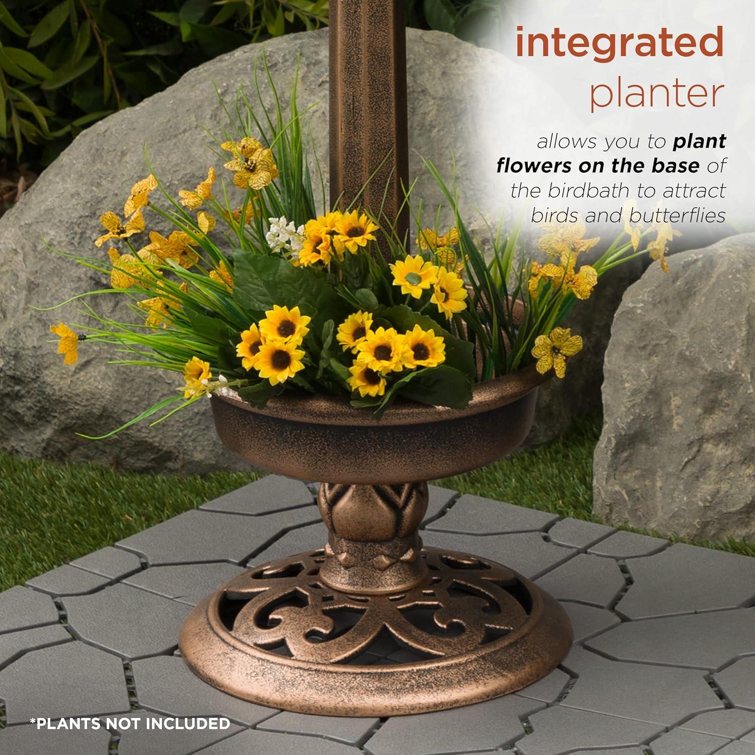 Bronze Outdoor Pedestal Birdbath with Planter and Solar LED