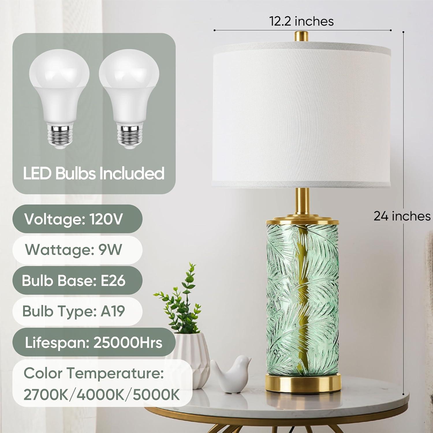 QiMH Glass Table Lamp Set of 2, Modern Gold Bedside Lamp with Stereo Palm Leaves Vein Glass for Living Room, Green Nightstand Lamps for Bedroom Home Office Reading Decor(Bulbs & Shades Included)