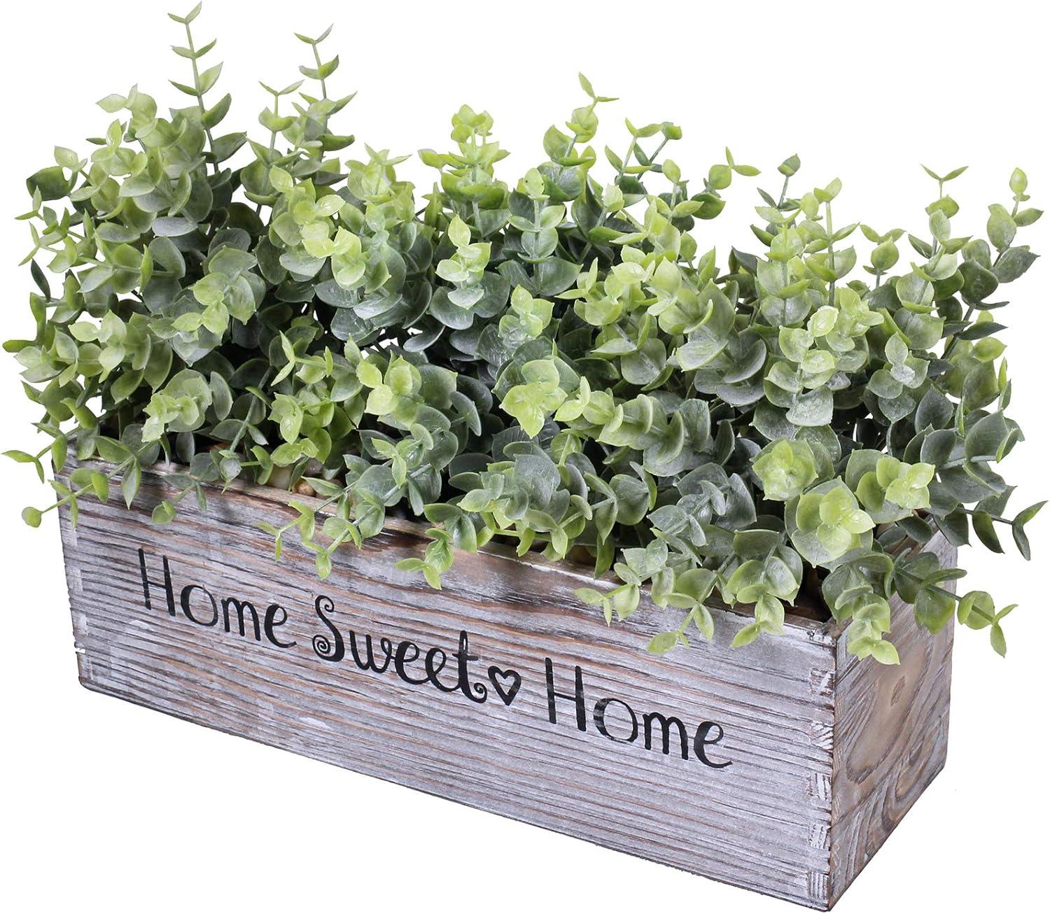 1 Pcs Wooden Potted Eucalyptus Plant Greenery Arrangement Artificial Eucalyptus Plant in Rectangular Wood Planter Box for Rustic Farmhouse Indoor Centerpiece Tabletop Window Sills Kitchen Shelf Decor