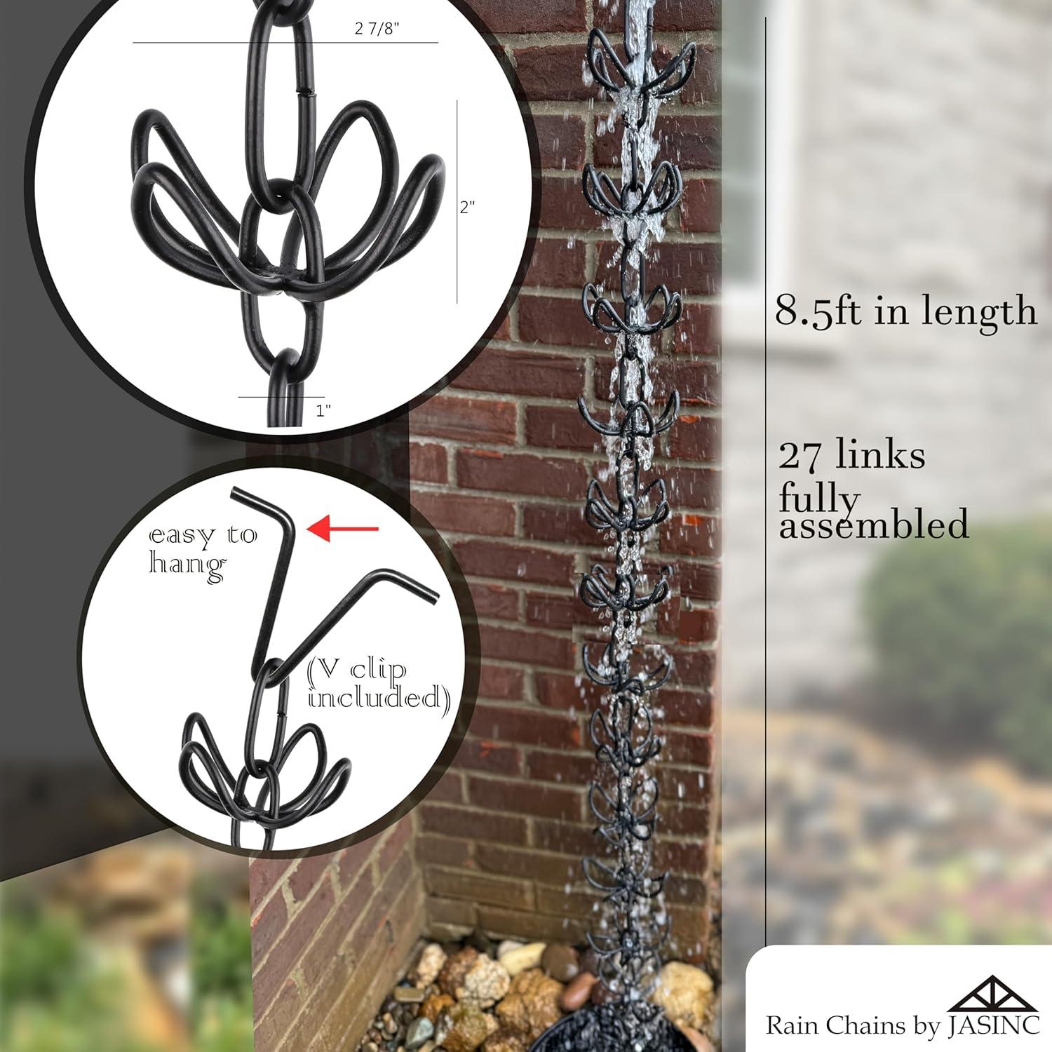 Rain Chains by JASINC 8.5 ft Lily Wire Rain Chain Black, Water Diverter, JAS1001BLK