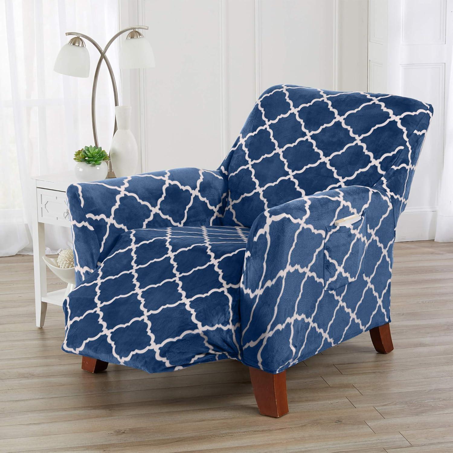 Great Bay Home Stretch Printed Washable Recliner Slipcover (Recliner, Navy)