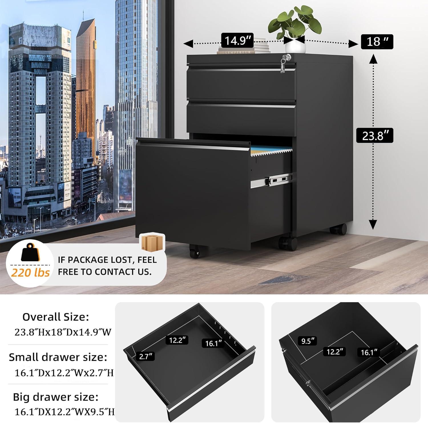 3 Drawer Filing Cabinet, File Cabinets for Home Office, Locking File Cabinet for A4-Size/Letter-Size/Legal-Size,Black