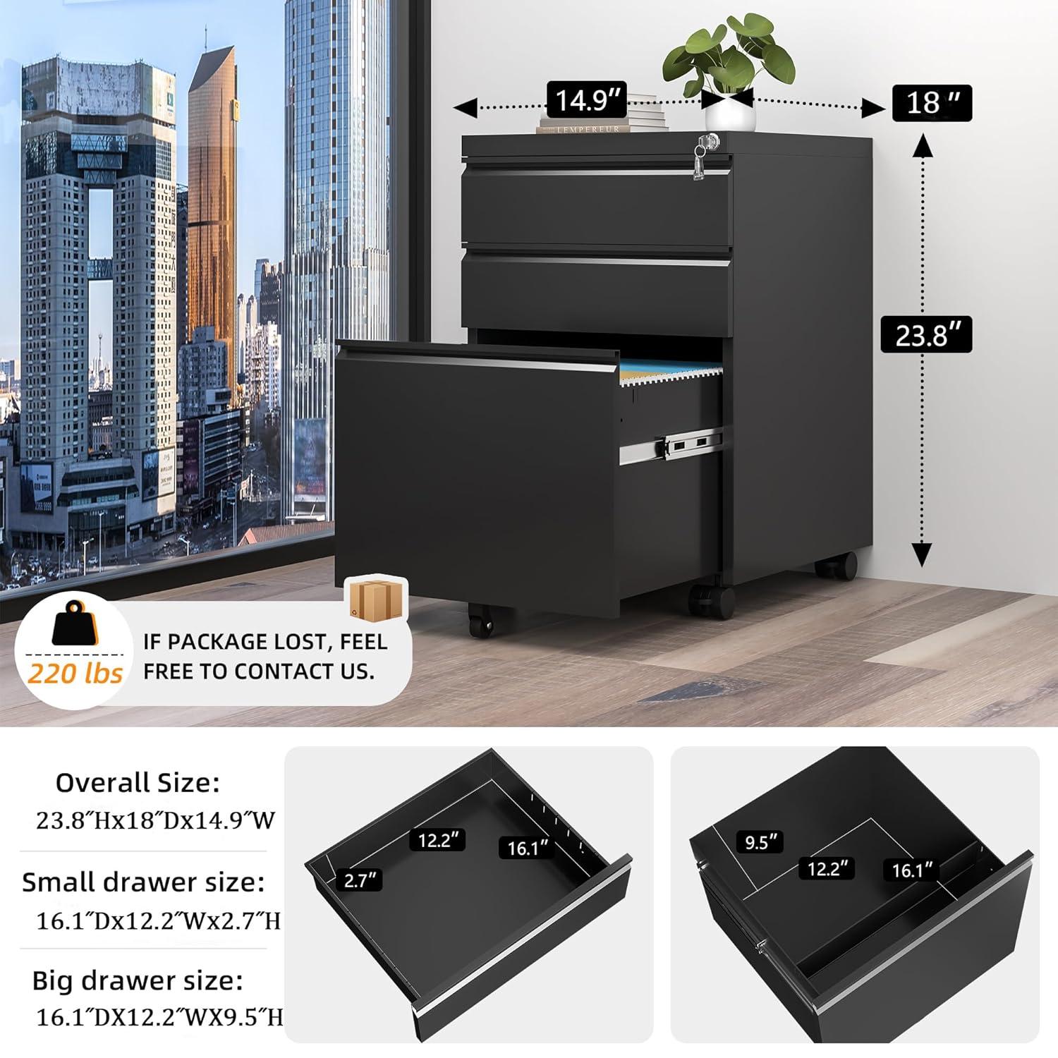 MIIIKO File Cabinet 3 Drawers on Wheels Under Desk, Black Metal Rolling File Cabinets with Lock for Home Office, Un-Assembled Filing Cabinet with Lock